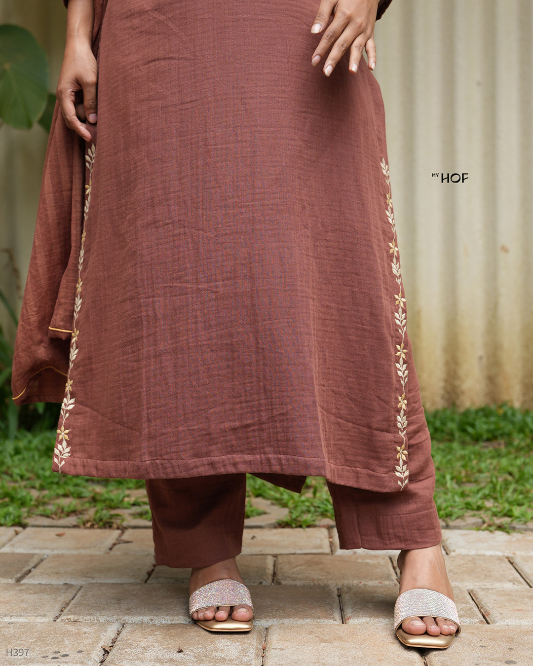 MY HOF Brown Suit Set With Floral Embroidery In Cotton