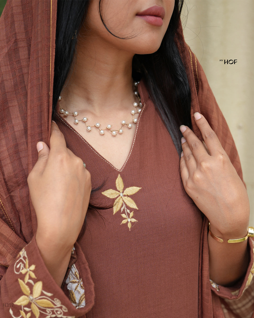 MY HOF Brown Suit Set With Floral Embroidery In Cotton