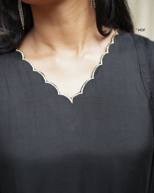 My HOF Black Suit Set With Zari Floral Embroidery In Muslin