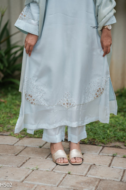 MY HOF Aqua Blue Suit Set With Hand Embroidery In Crepe