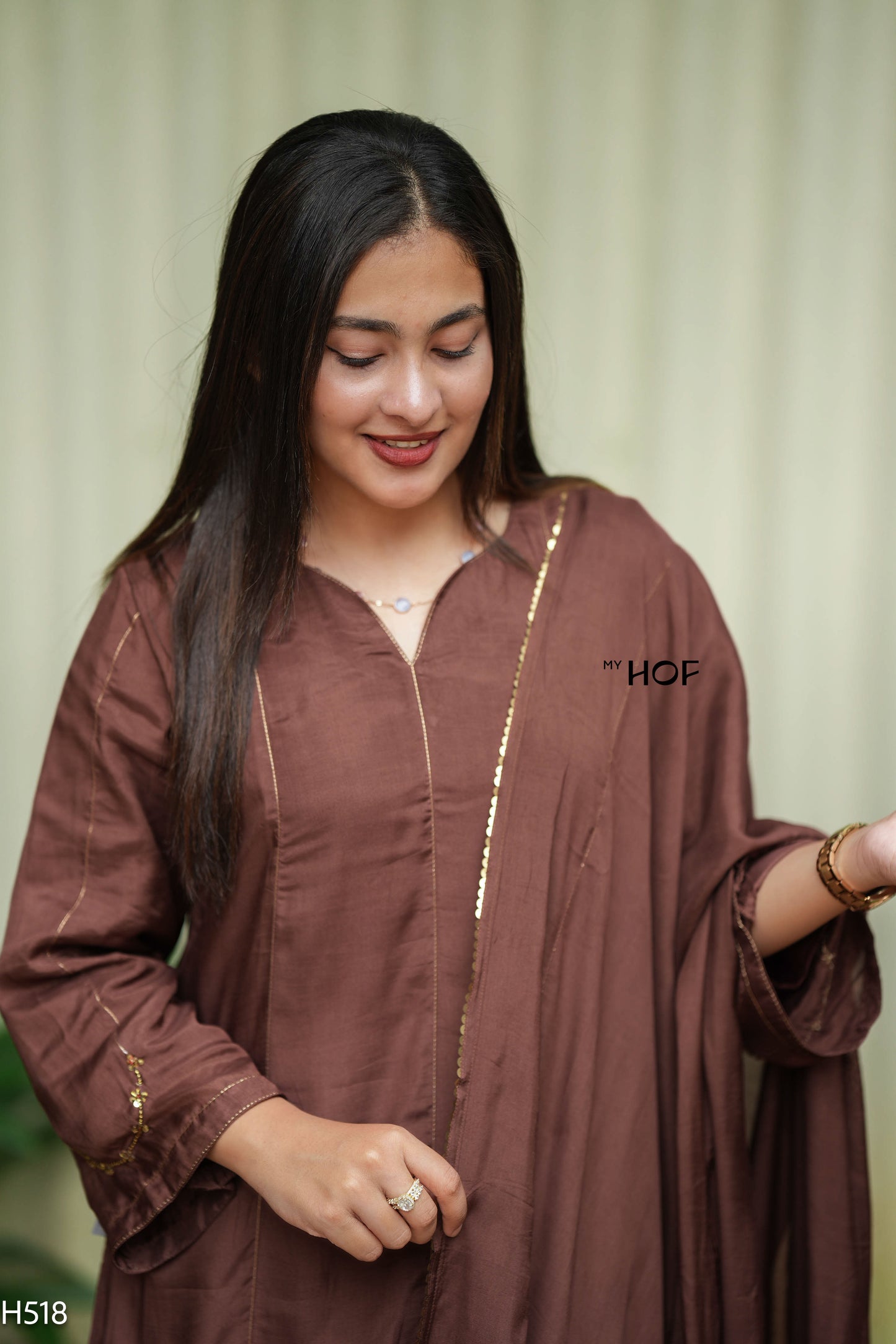 MY HOF Brown Suit Set With Hand Embroidery In Muslin