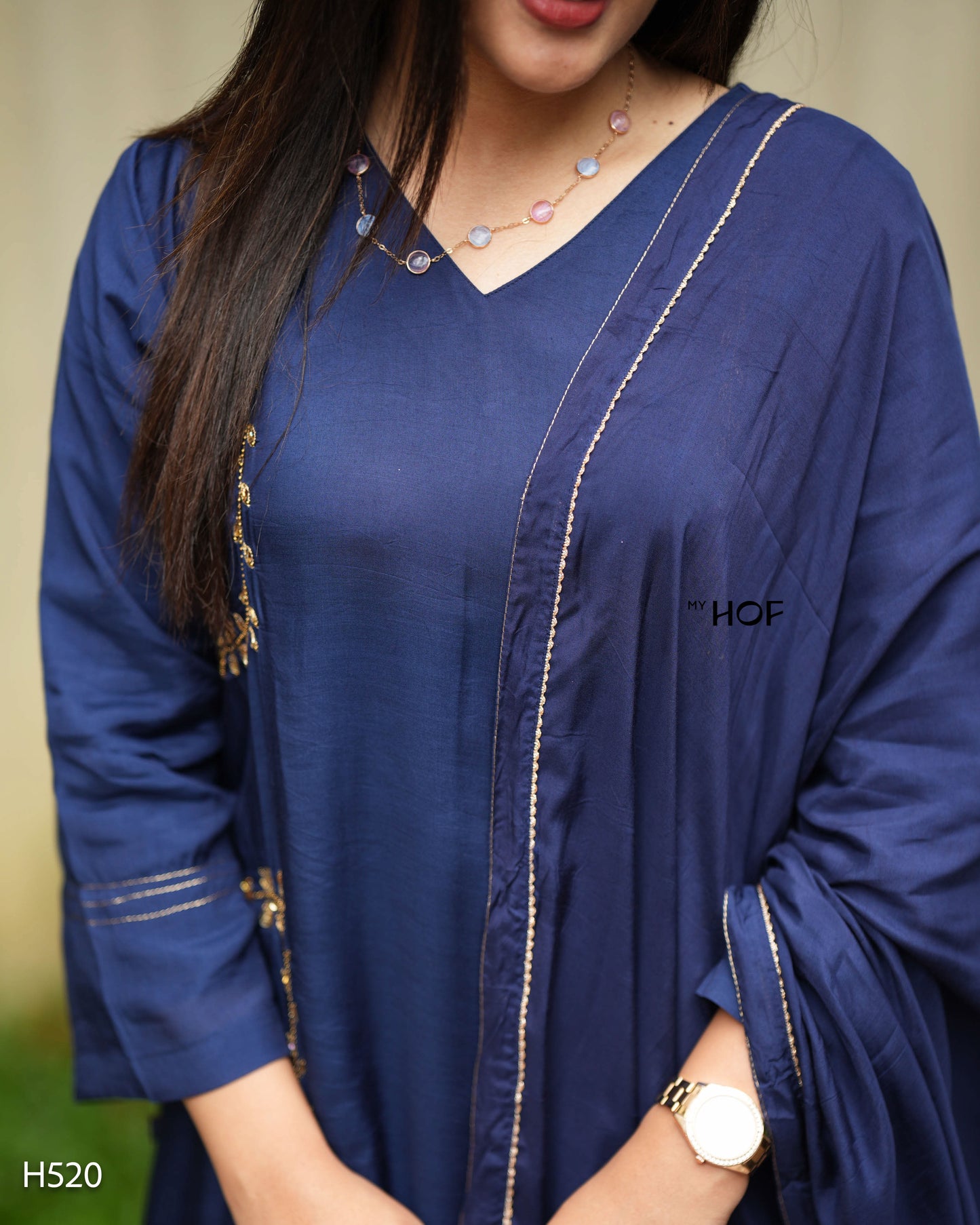 MY HOF Navy Blue Suit Set With Hand Embroidery In Muslin (H520)