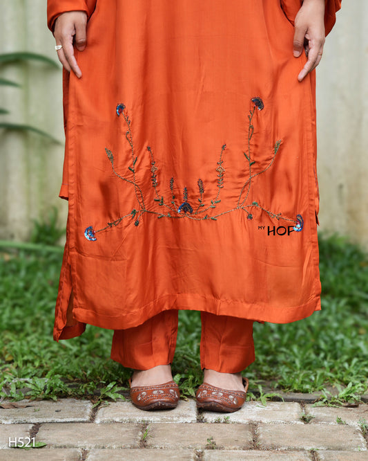 MY HOF Brick Orange Suit Set With Hand Embroidery In Crepe(H521)