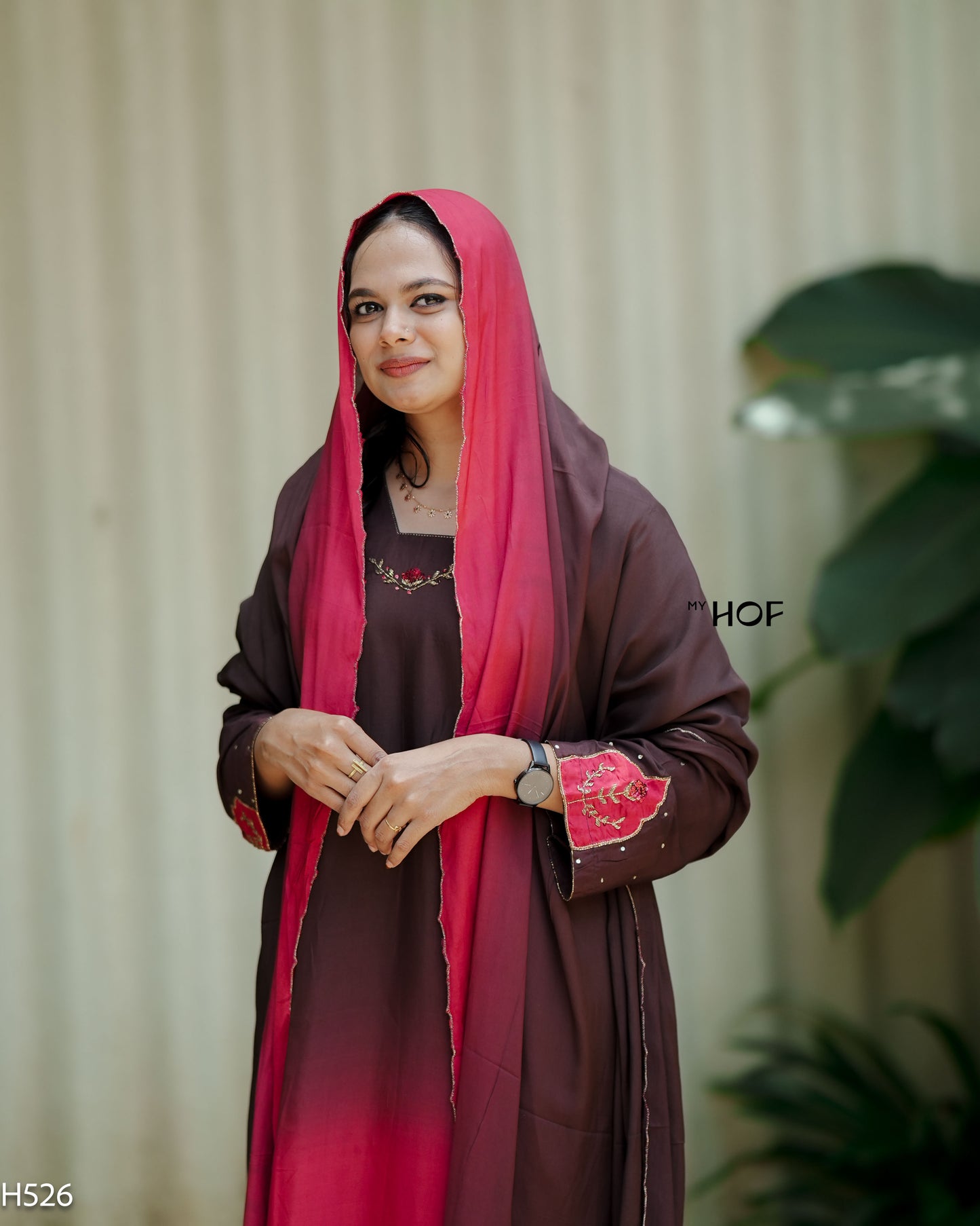 MY HOF Brown And Maroon Dual Shade Suit Set With Hand Embroidery In Muslin (H526)