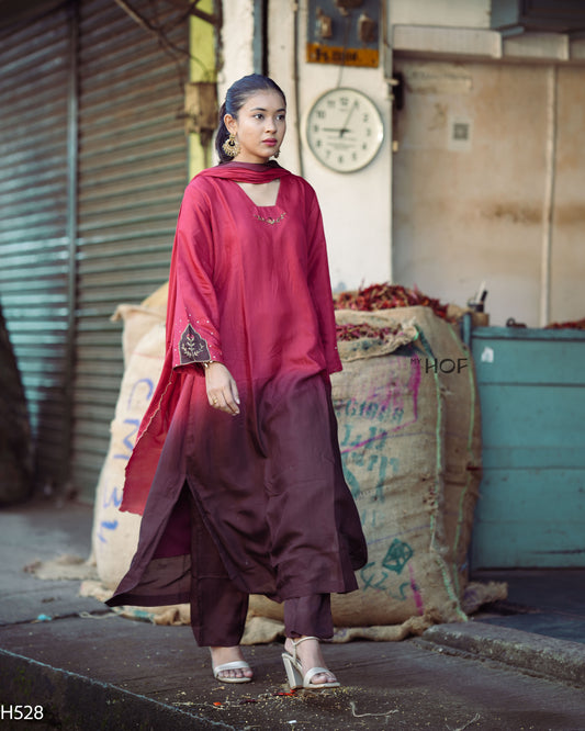 MY HOF Maroon And Brown Dual Shade Suit Set With Hand Embroidery In Muslin (H528)