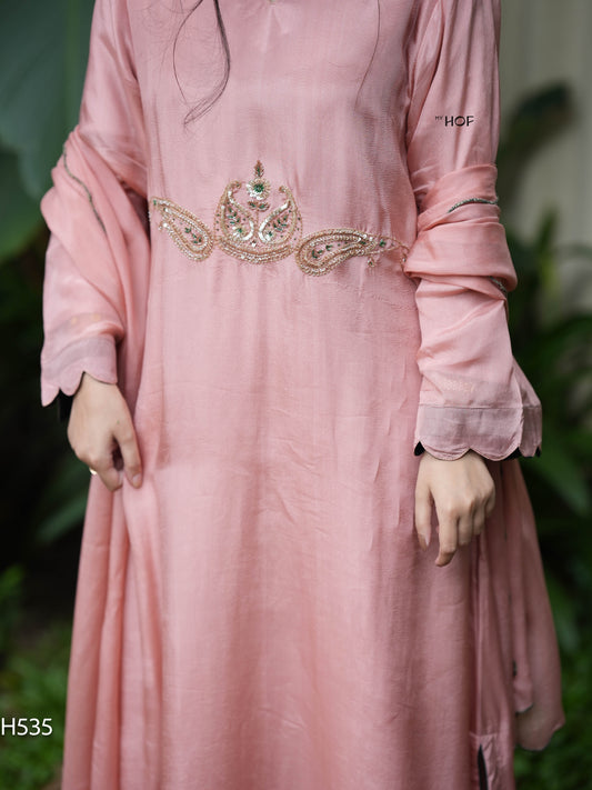 MY HOF Peach Suit Set With Hand Embroidery In Crepe (H535)