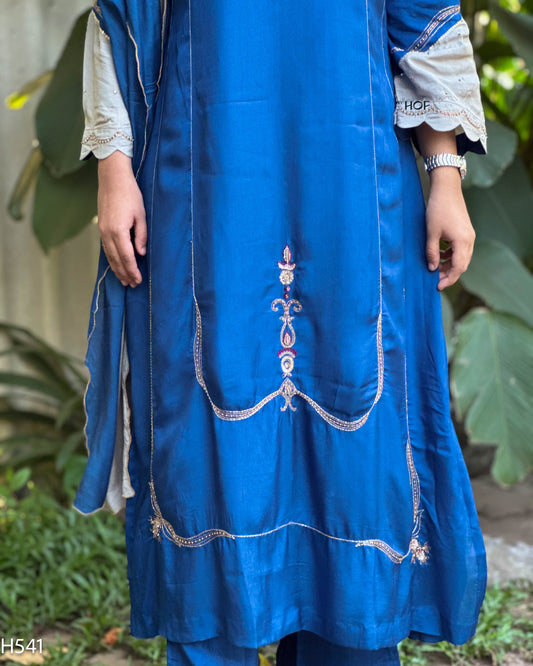 MY HOF Royal Blue Suit Set With Hand Embroidery In Muslin (H541)