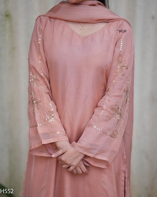MY HOF Peach Suit Set With Hand Embroidery In Organza (H552)