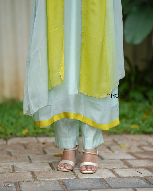 MY HOF Sea Green Suit Set With Hand Embroidery In Organza (H524)
