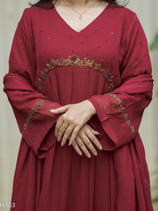 MY HOF Maroon Suit Set With Hand Embroidery In Georgette (H553)