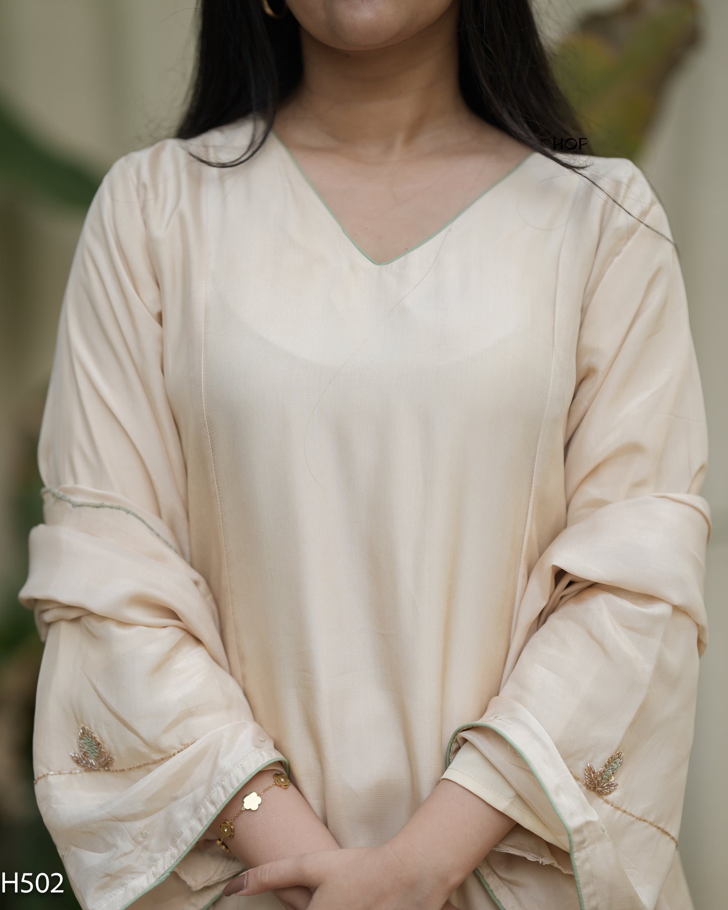 MY HOF Beige Suit Set With Hand Embroidery In Crepe