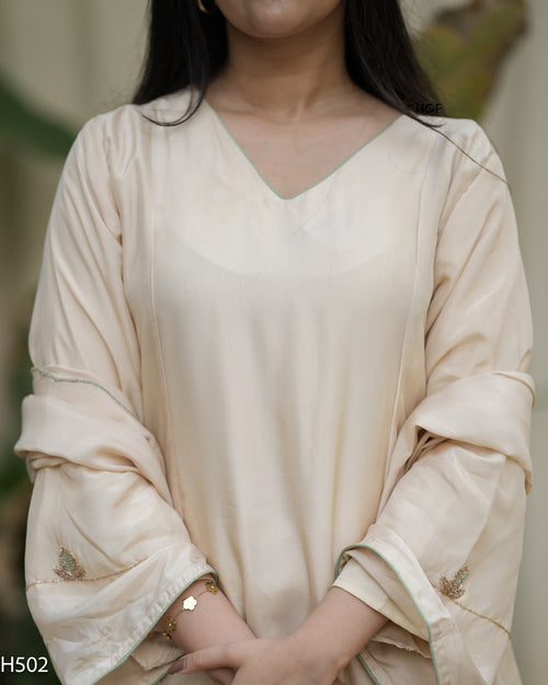 MY HOF Beige Suit Set With Hand Embroidery In Crepe