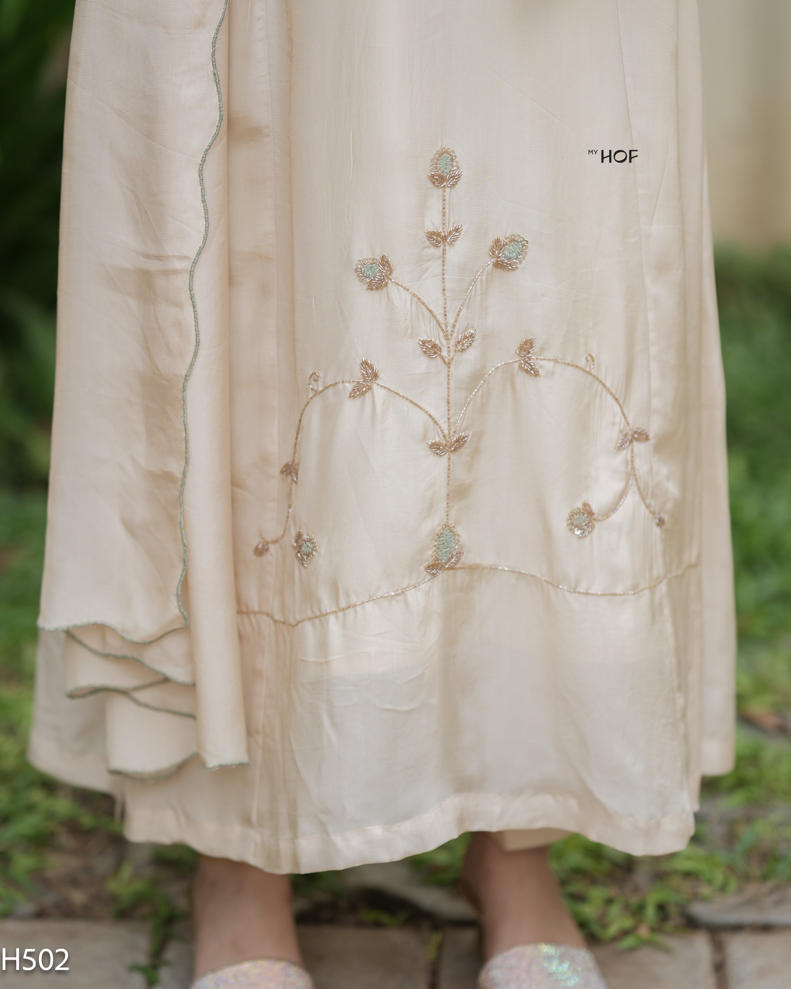 MY HOF Beige Suit Set With Hand Embroidery In Crepe