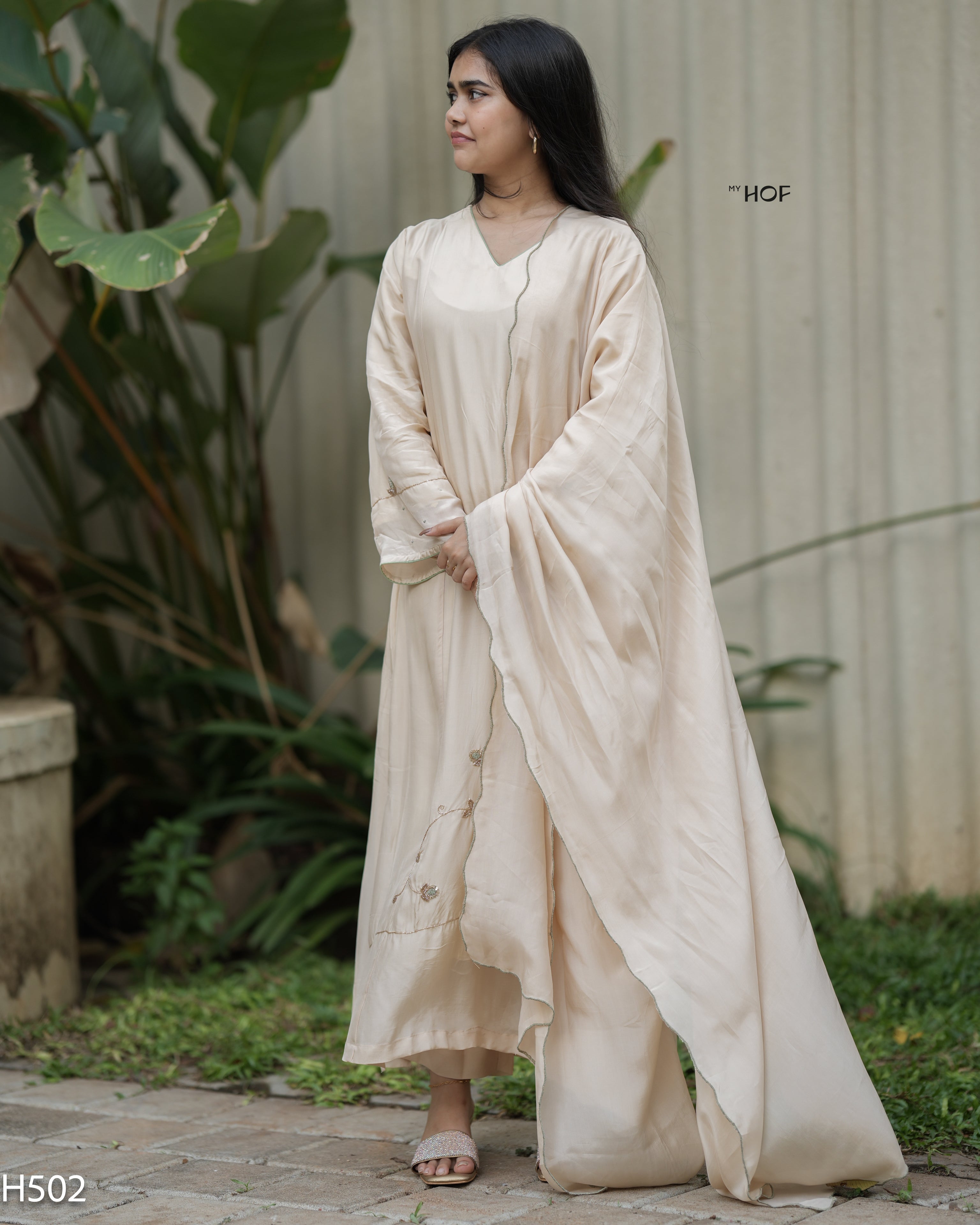MY HOF Beige Suit Set With Hand Embroidery In Crepe