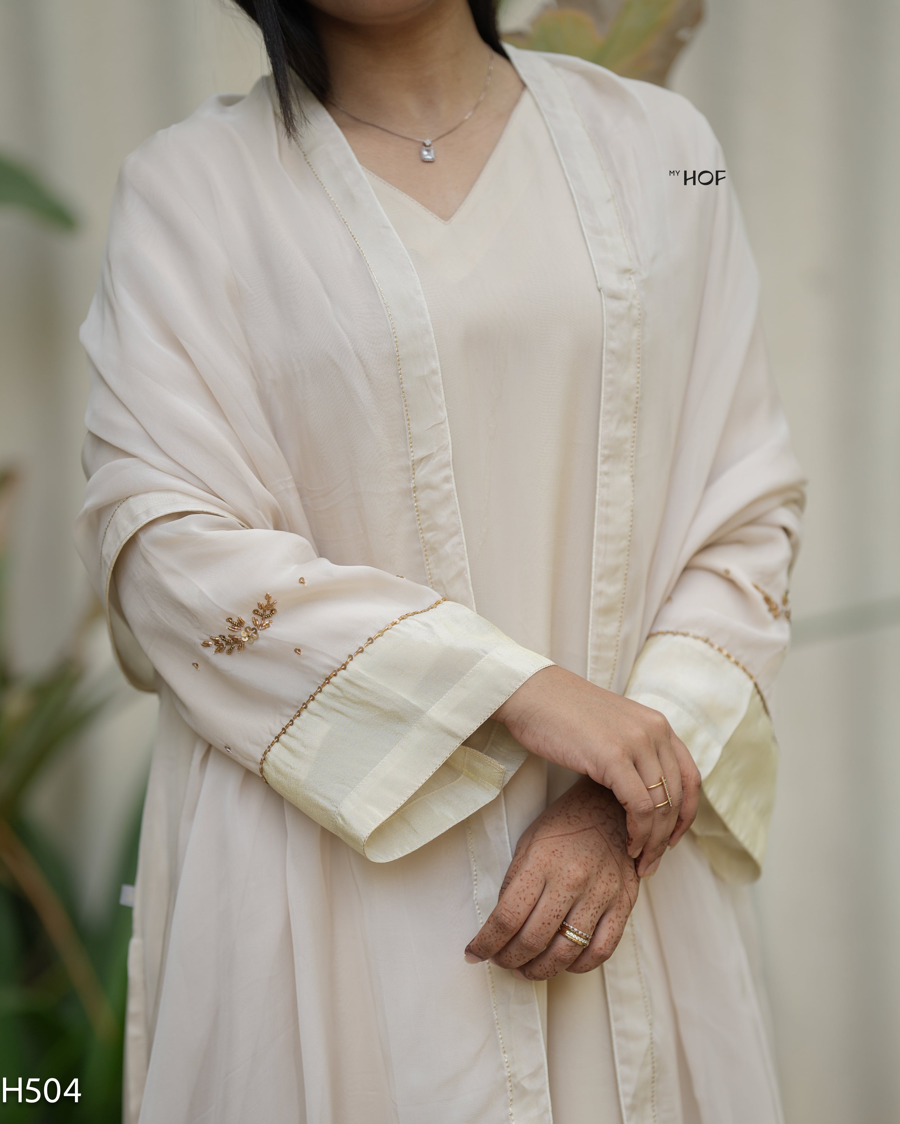 MY HOF Cream Suit Set With Hand Embroidery In Organza