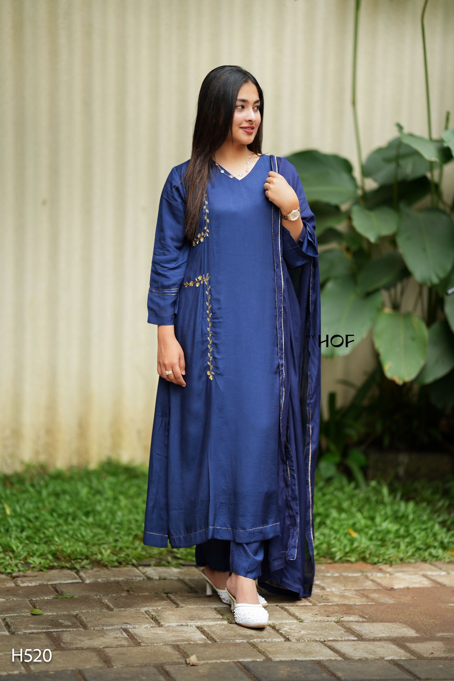 MY HOF Navy Blue Suit Set With Hand Embroidery In Muslin (H520)