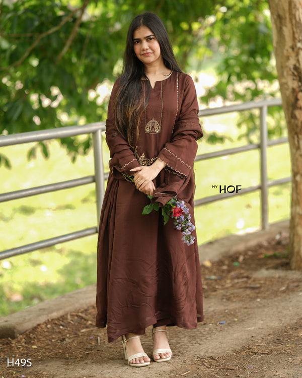 MY HOF Brown Suit Set With Hand Embroidery In Organza