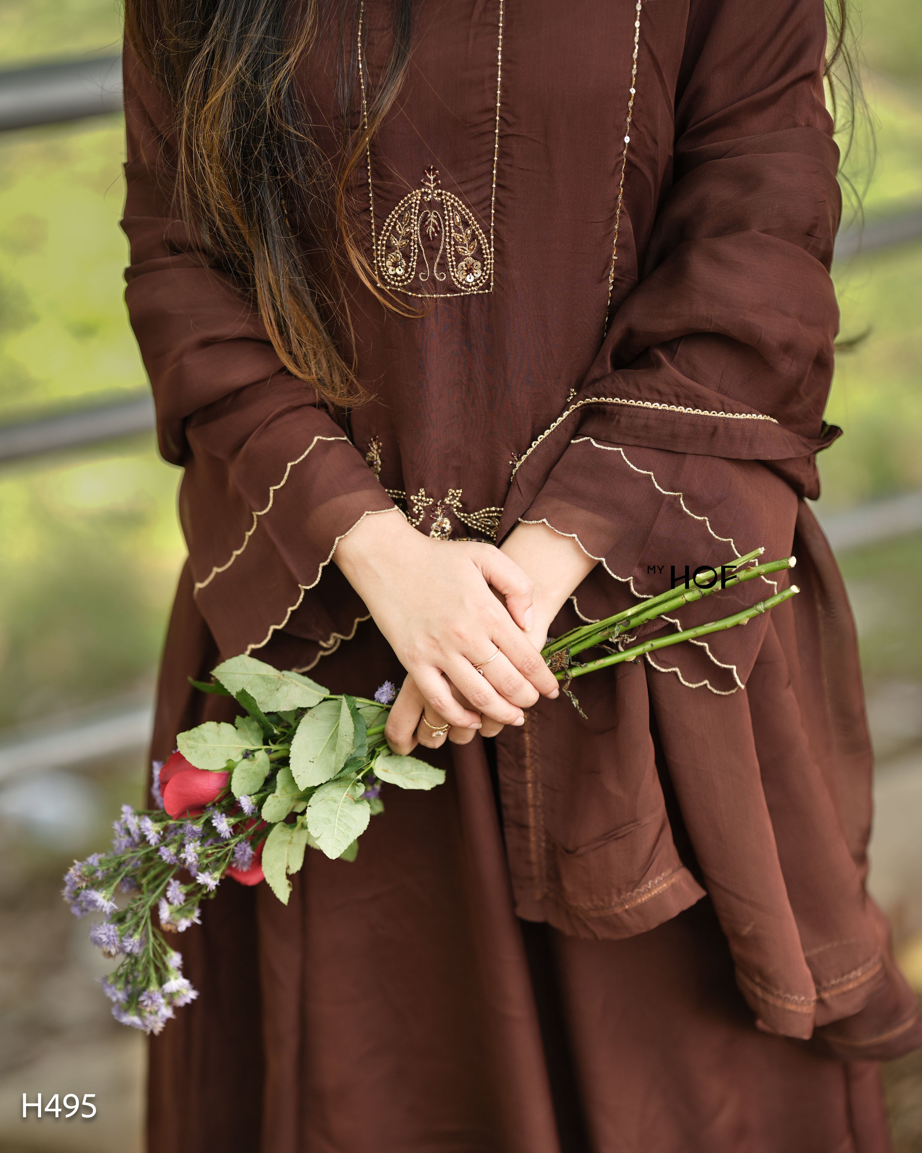MY HOF Brown Suit Set With Hand Embroidery In Organza