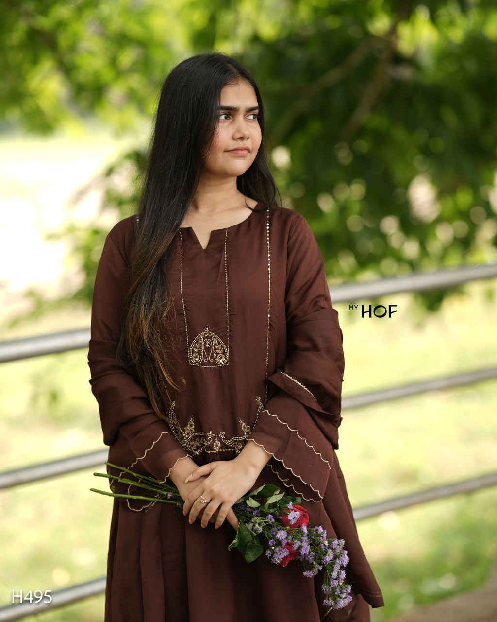 MY HOF Brown Suit Set With Hand Embroidery In Organza