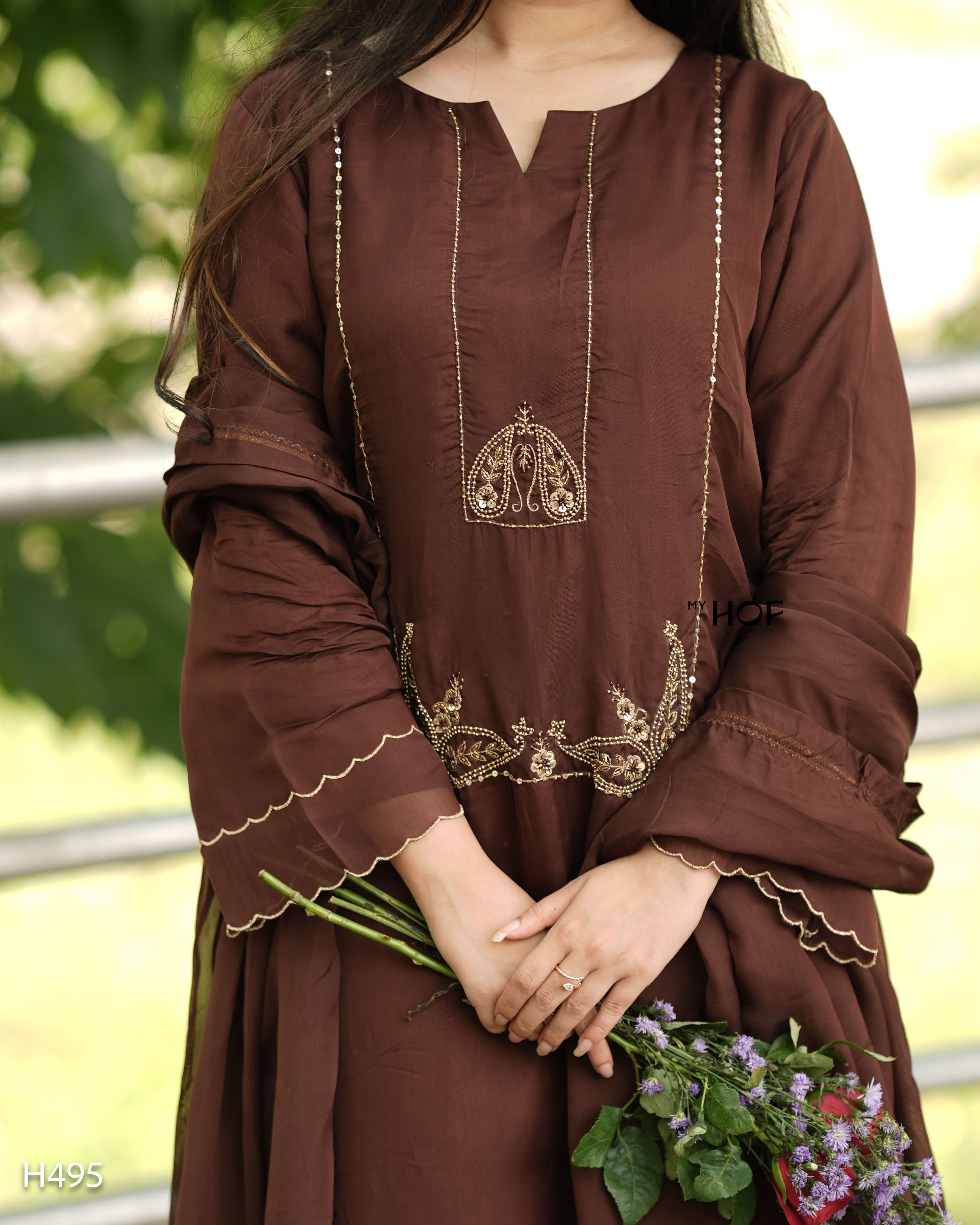 MY HOF Brown Suit Set With Hand Embroidery In Organza