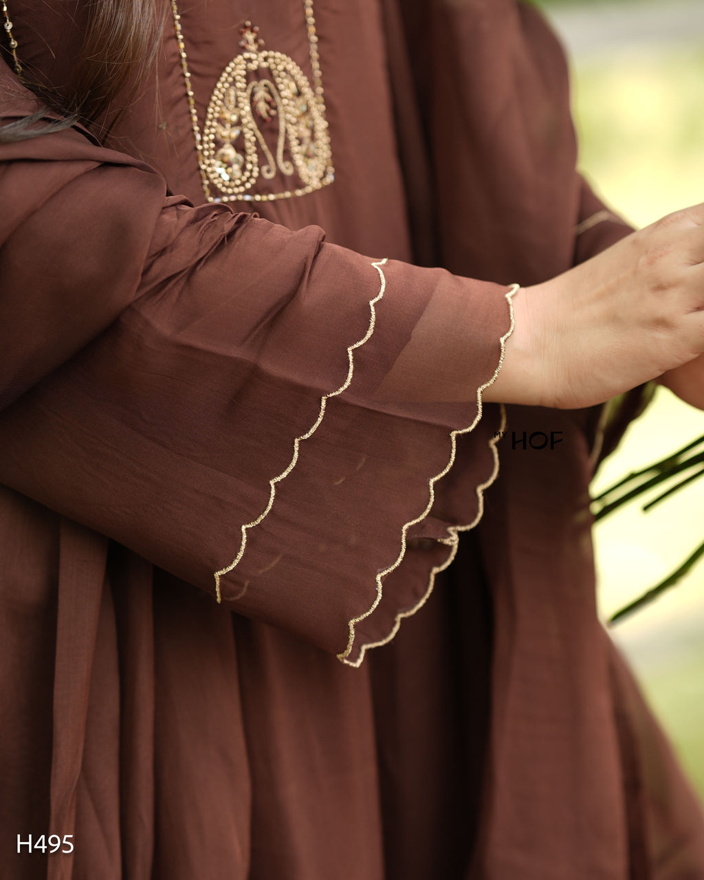 MY HOF Brown Suit Set With Hand Embroidery In Organza