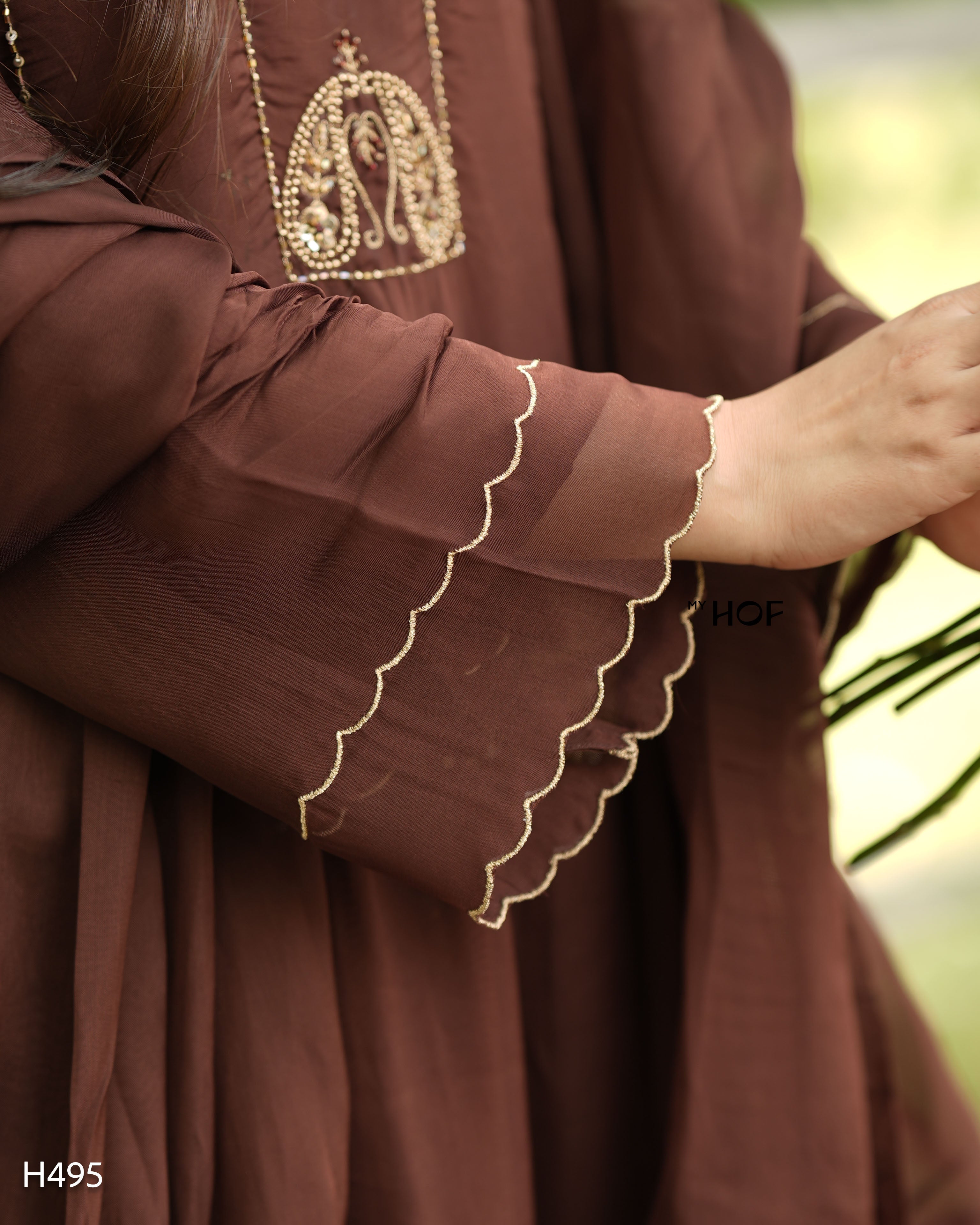 MY HOF Brown Suit Set With Hand Embroidery In Organza