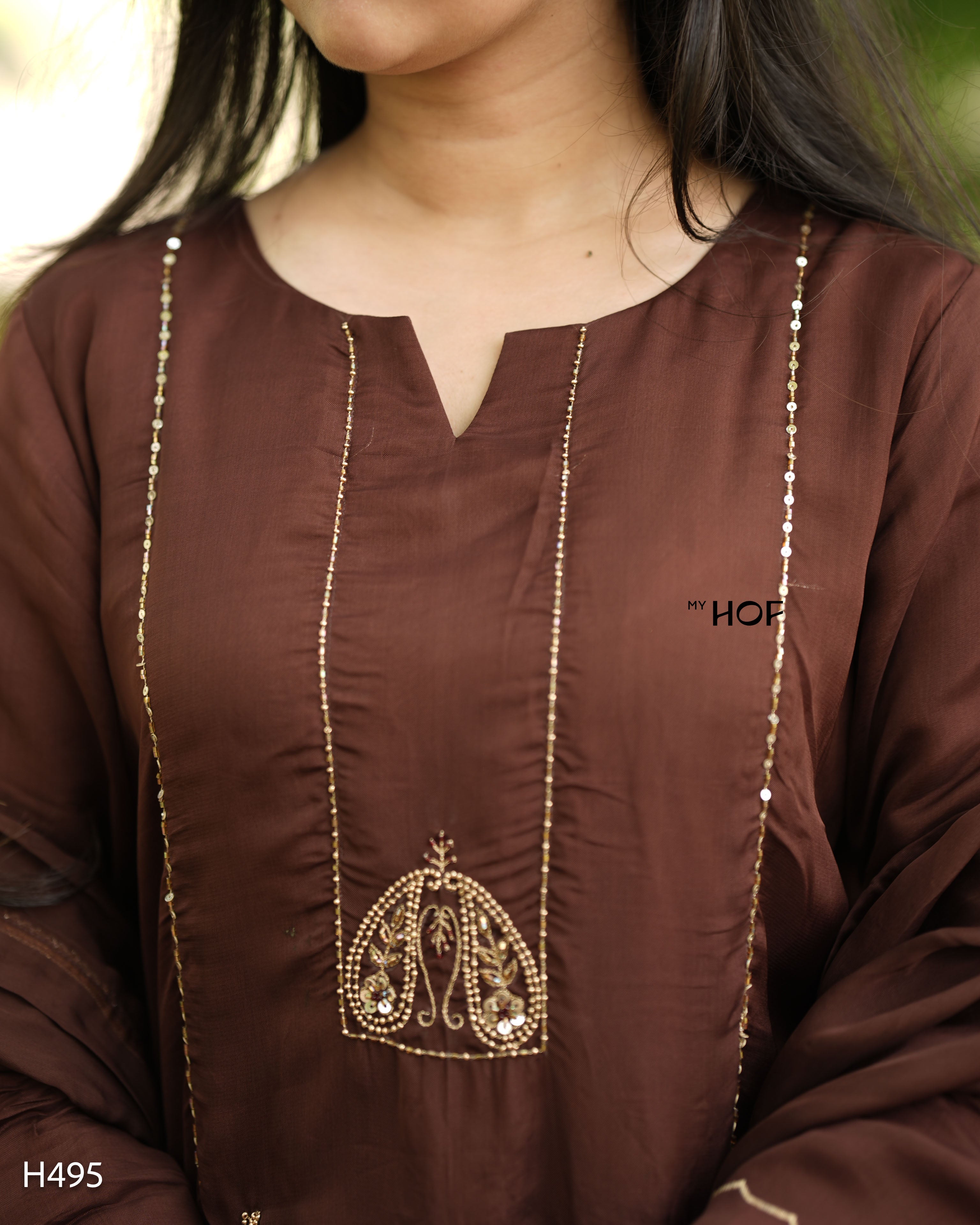 MY HOF Brown Suit Set With Hand Embroidery In Organza