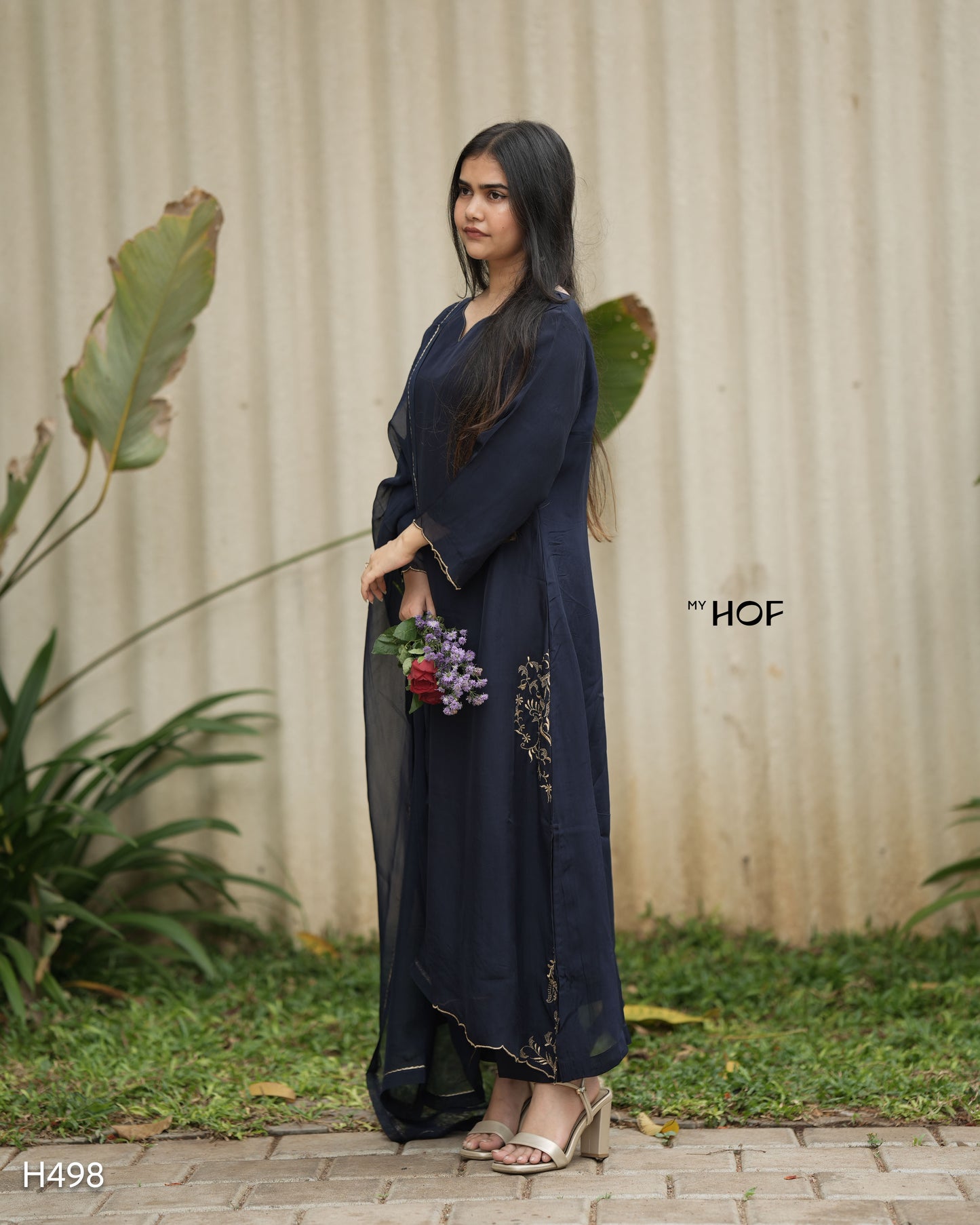 MY HOF Navy Blue Suit Set With Floral Embroidery In organza