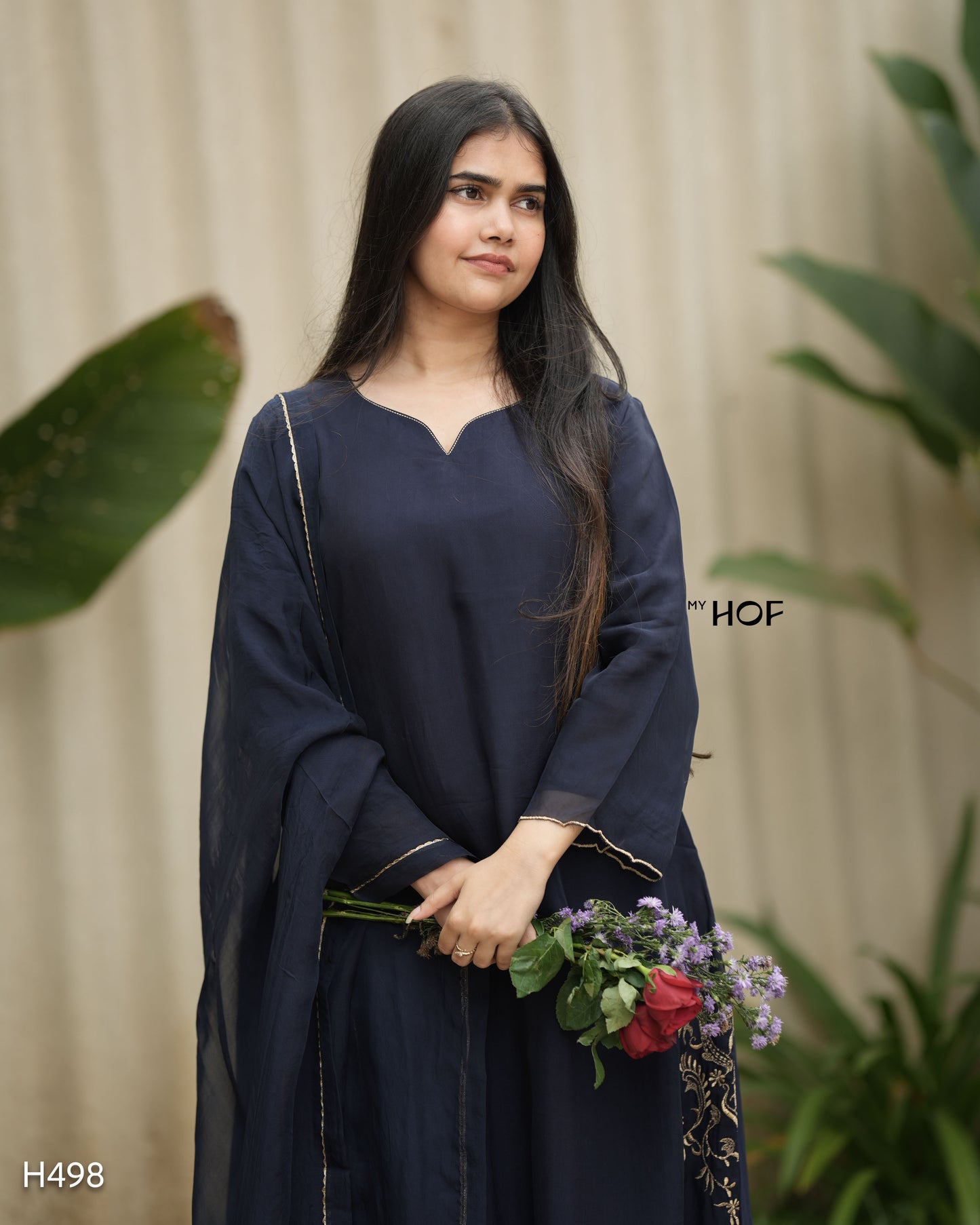 MY HOF Navy Blue Suit Set With Floral Embroidery In organza