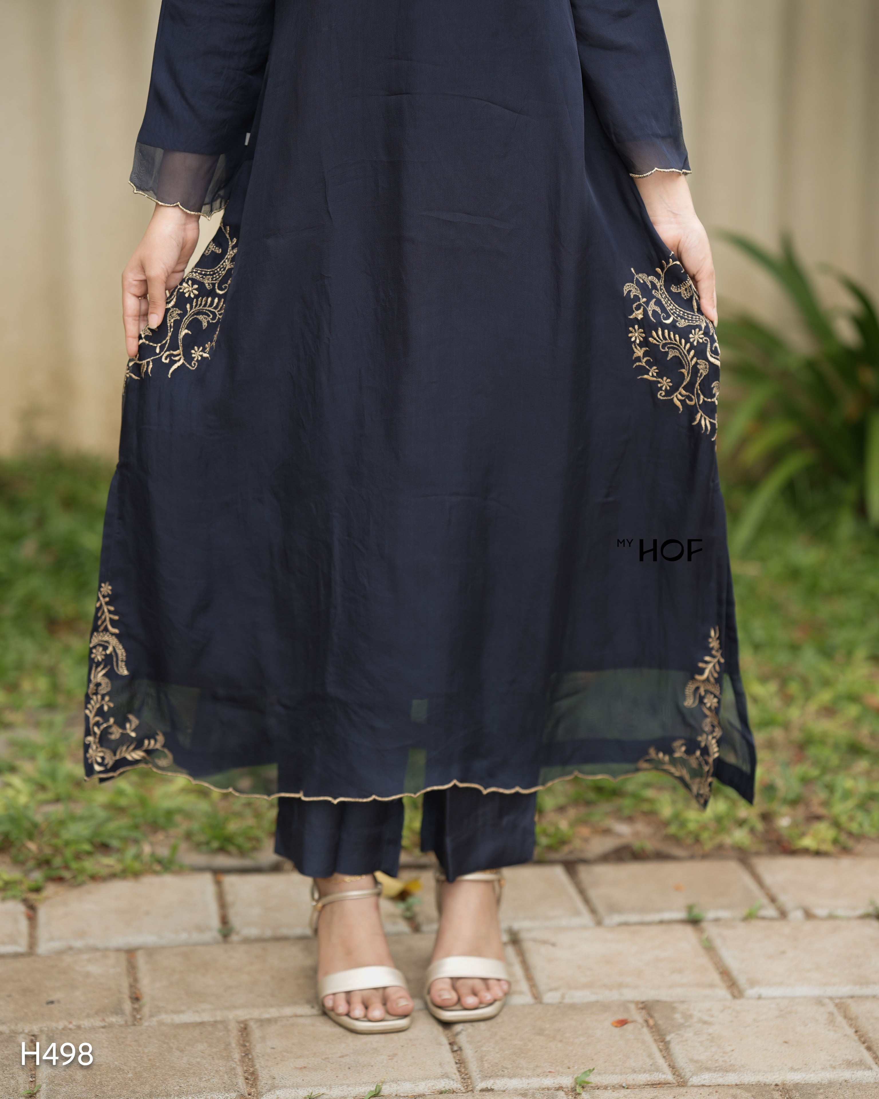 MY HOF Navy Blue Suit Set With Floral Embroidery In organza