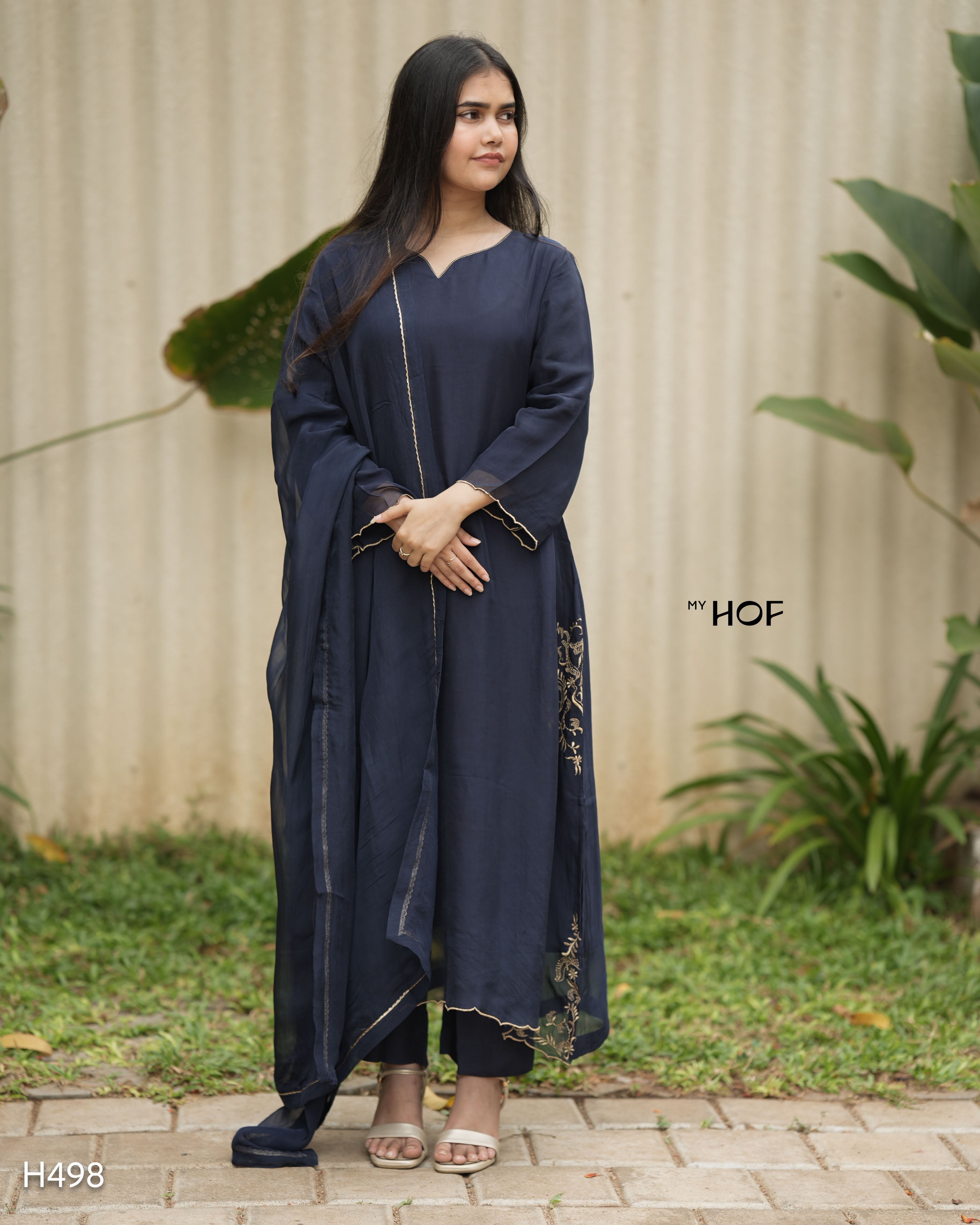 MY HOF Navy Blue Suit Set With Floral Embroidery In organza