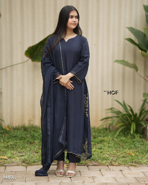 MY HOF Navy Blue Suit Set With Floral Embroidery In organza