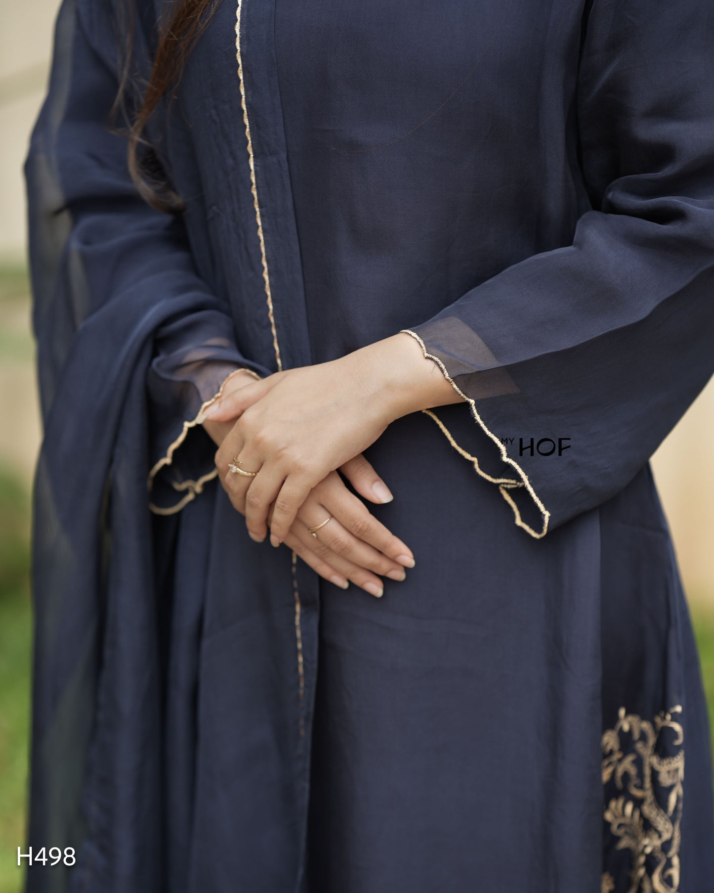 MY HOF Navy Blue Suit Set With Floral Embroidery In organza