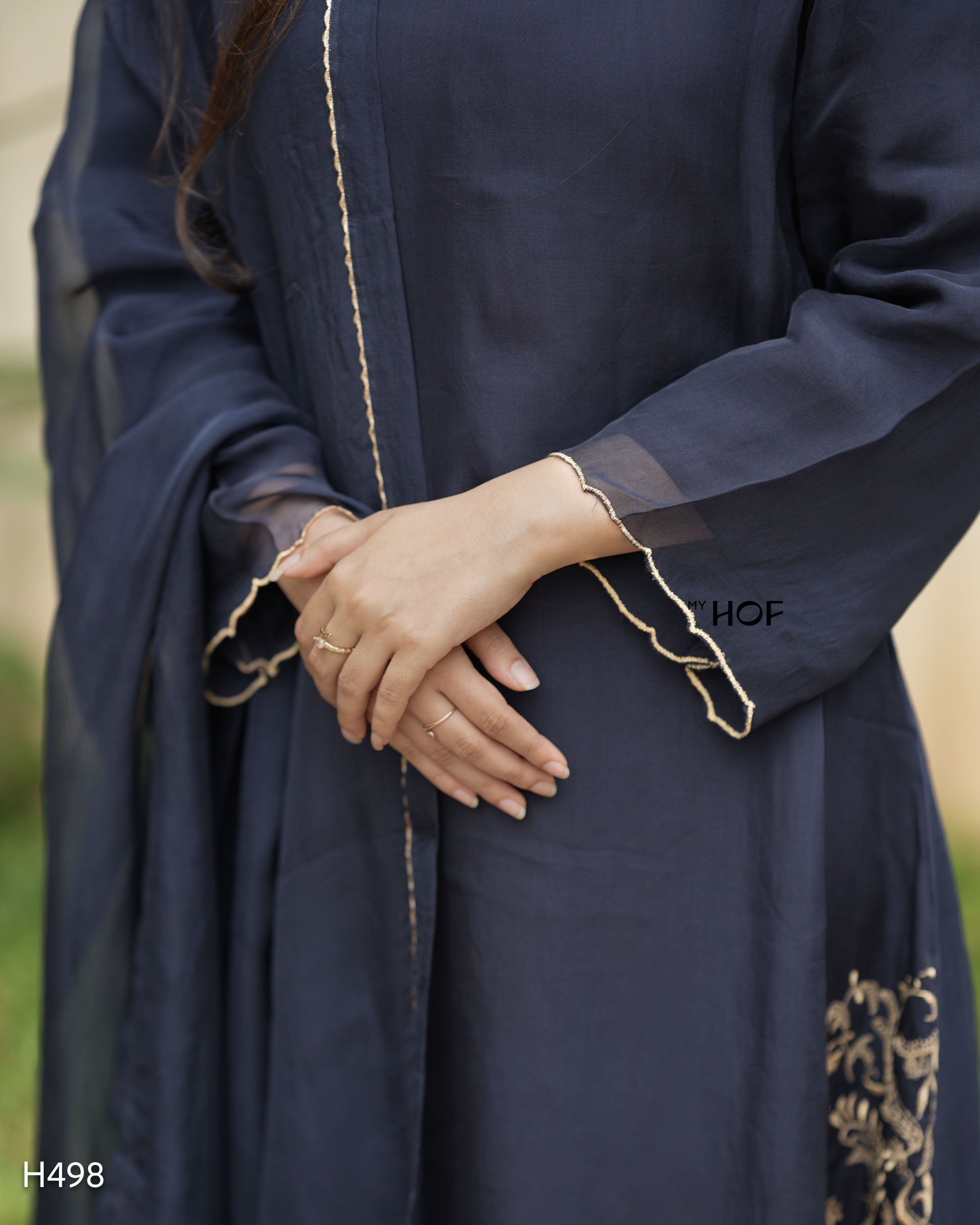 MY HOF Navy Blue Suit Set With Floral Embroidery In organza