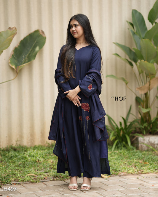 MY HOF Navy Blue Suit Set With Hand Embroidery In Muslin