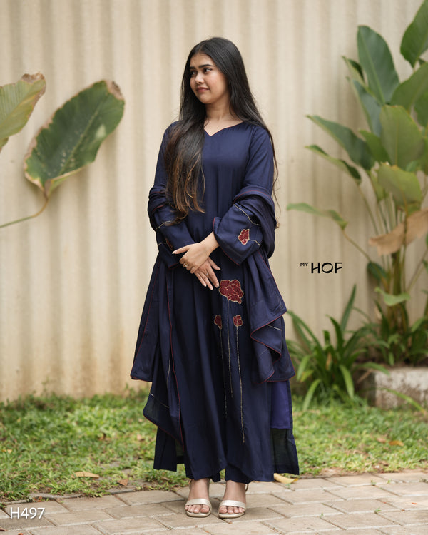 MY HOF Navy Blue Suit Set With Hand Embroidery In Muslin