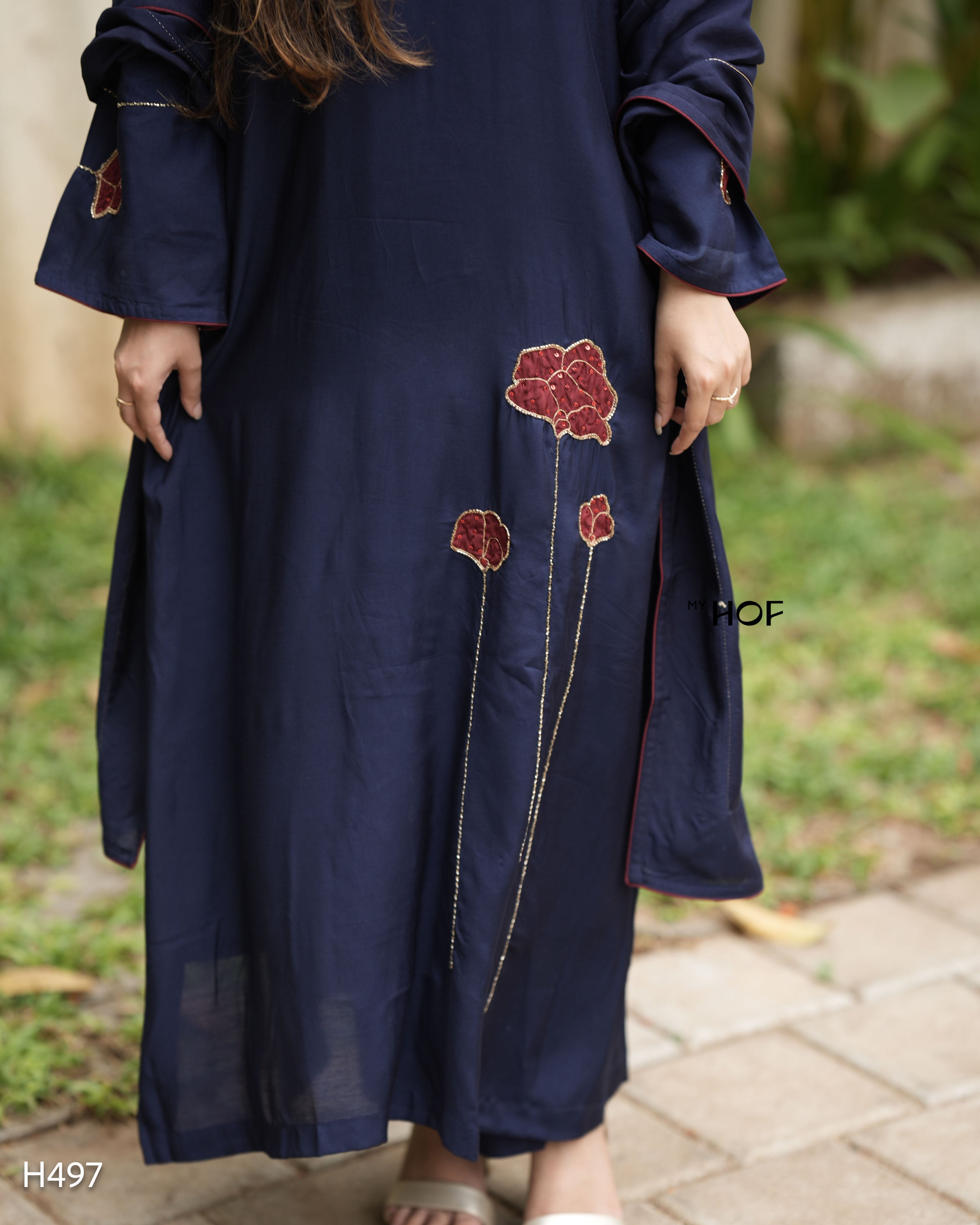 MY HOF Navy Blue Suit Set With Hand Embroidery In Muslin