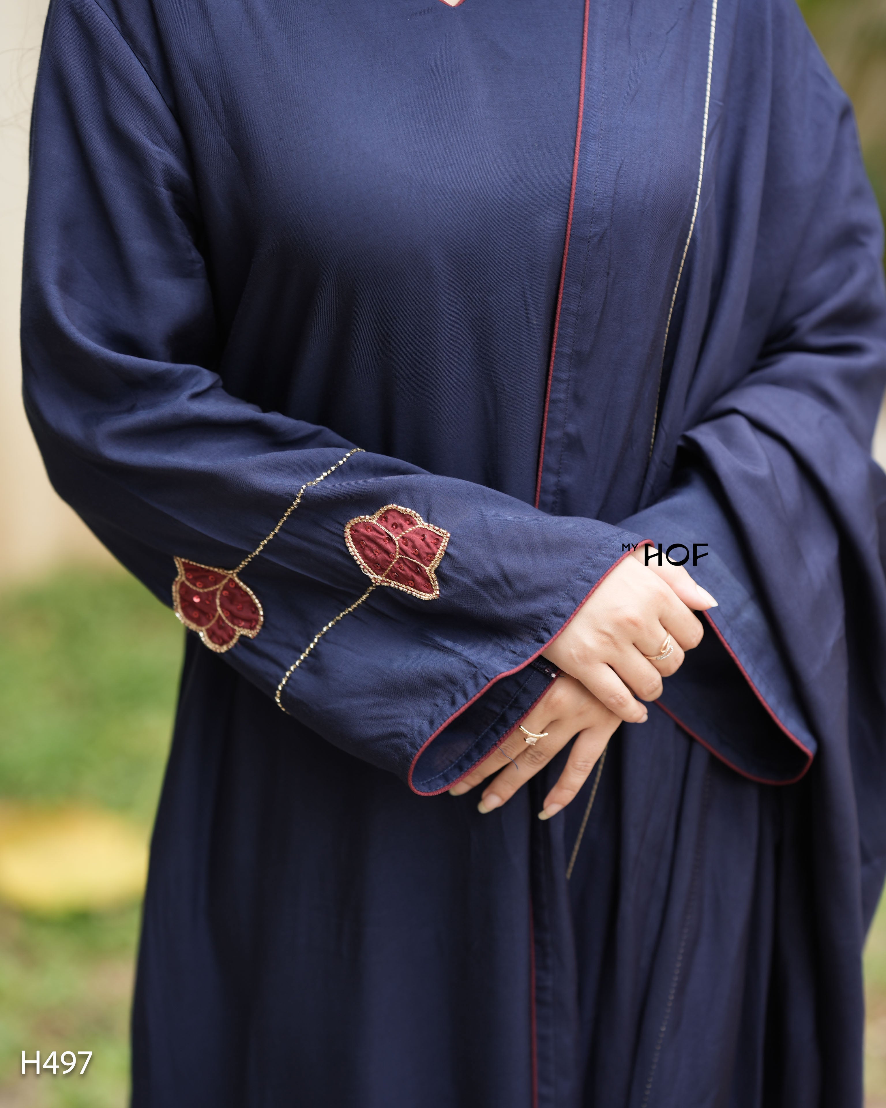 MY HOF Navy Blue Suit Set With Hand Embroidery In Muslin