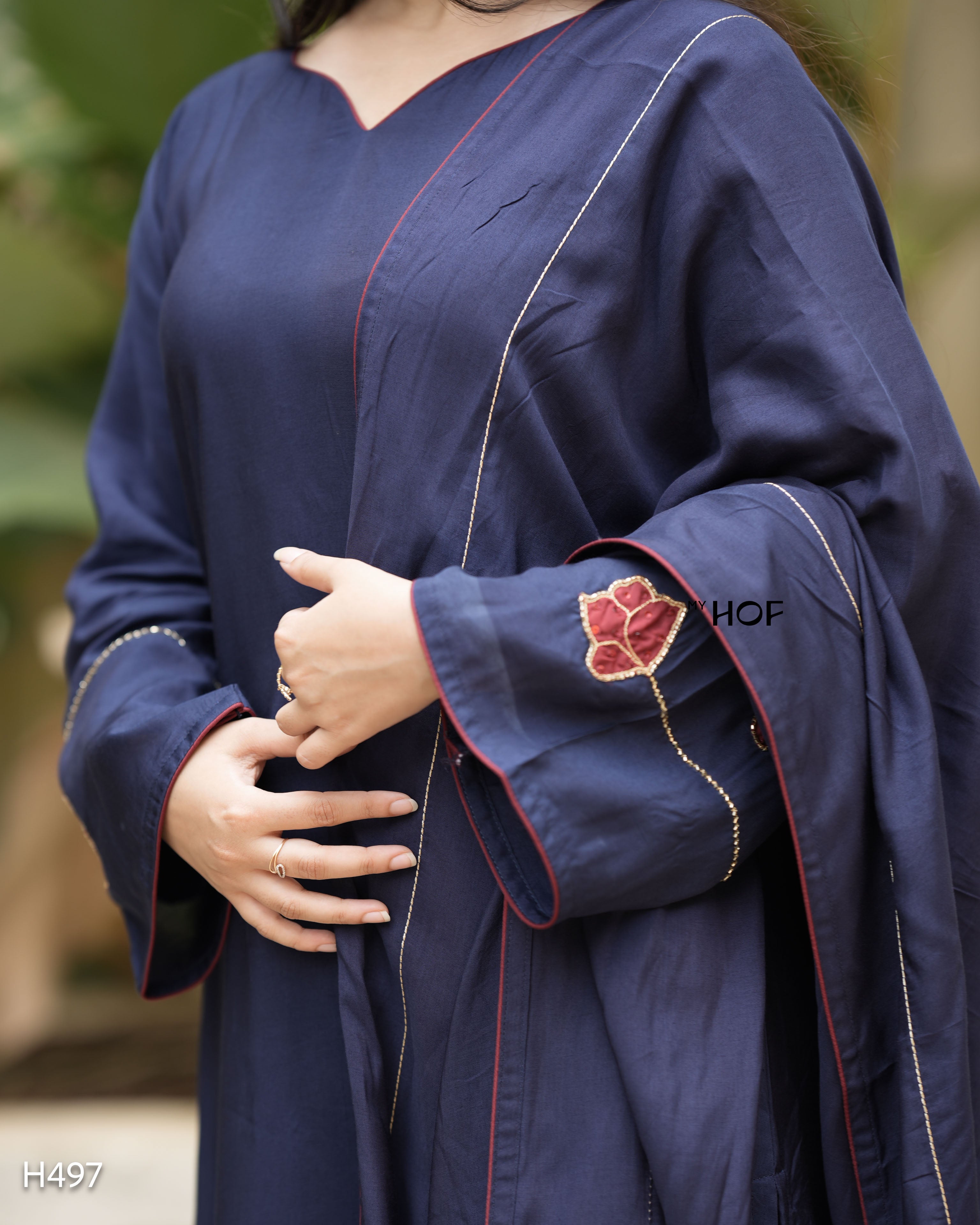 MY HOF Navy Blue Suit Set With Hand Embroidery In Muslin