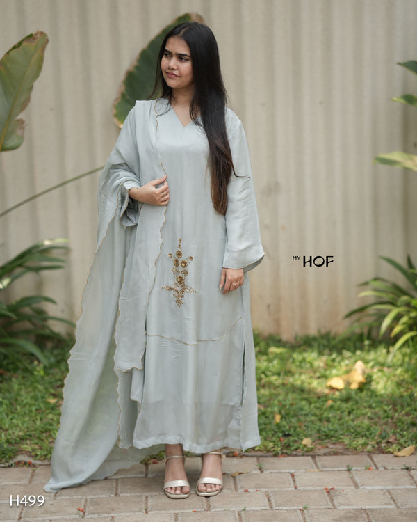 MY HOF Light Gray Suit Set With Hand Embroidery In Organza