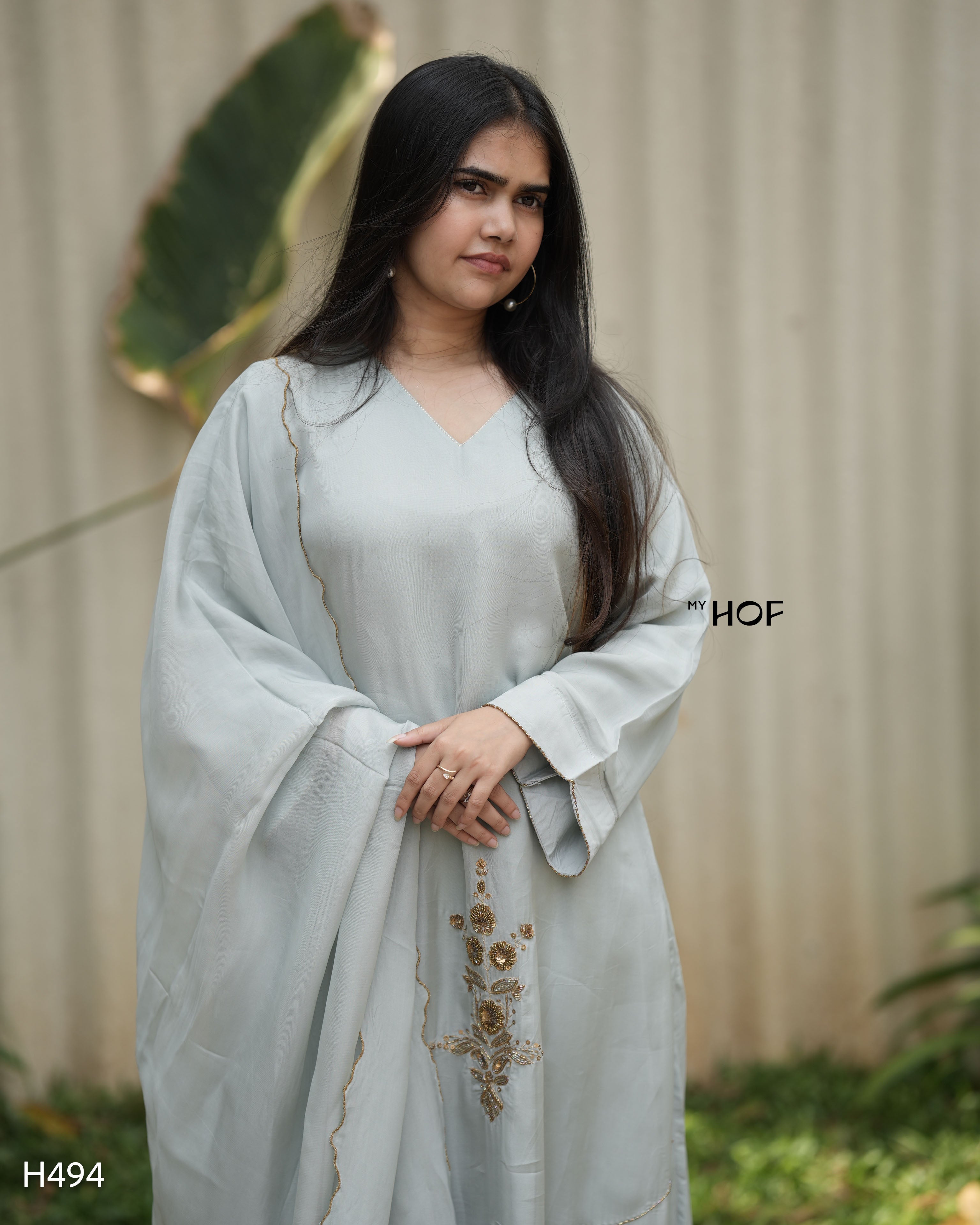 MY HOF Light Gray Suit Set With Hand Embroidery In Organza
