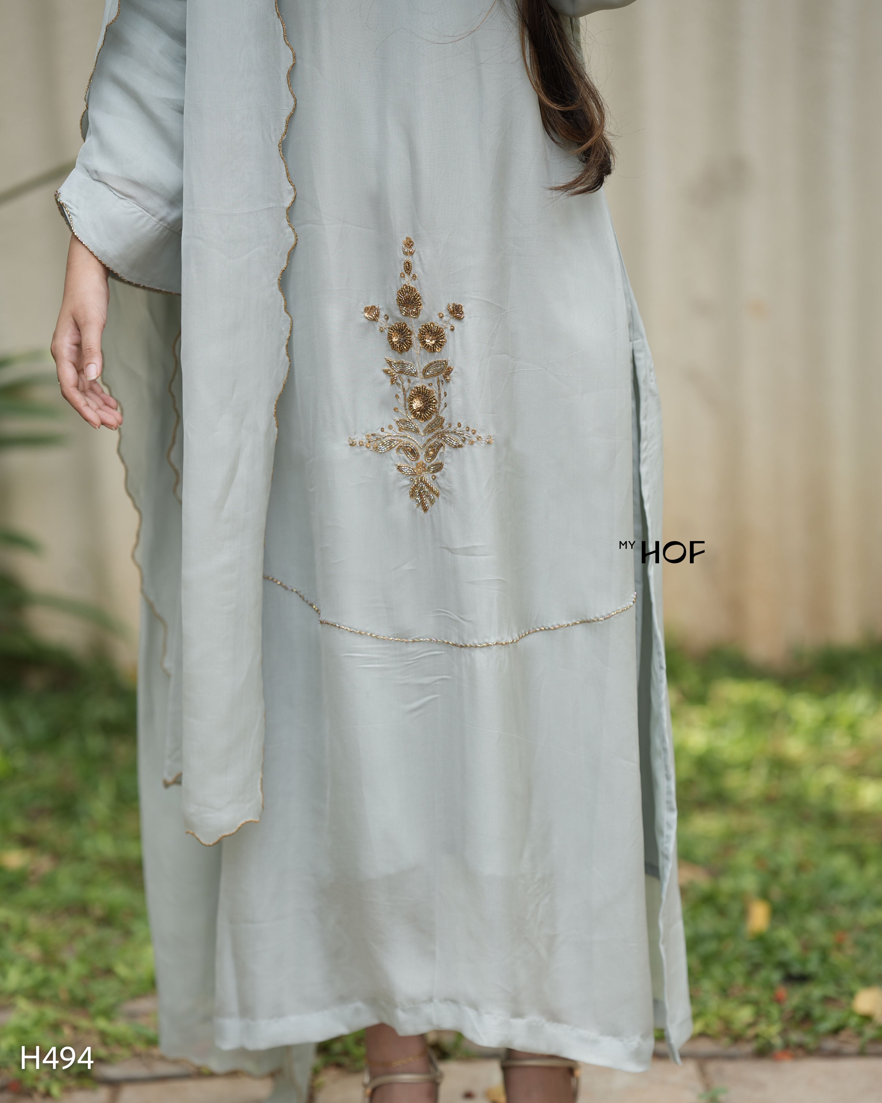 MY HOF Light Gray Suit Set With Hand Embroidery In Organza