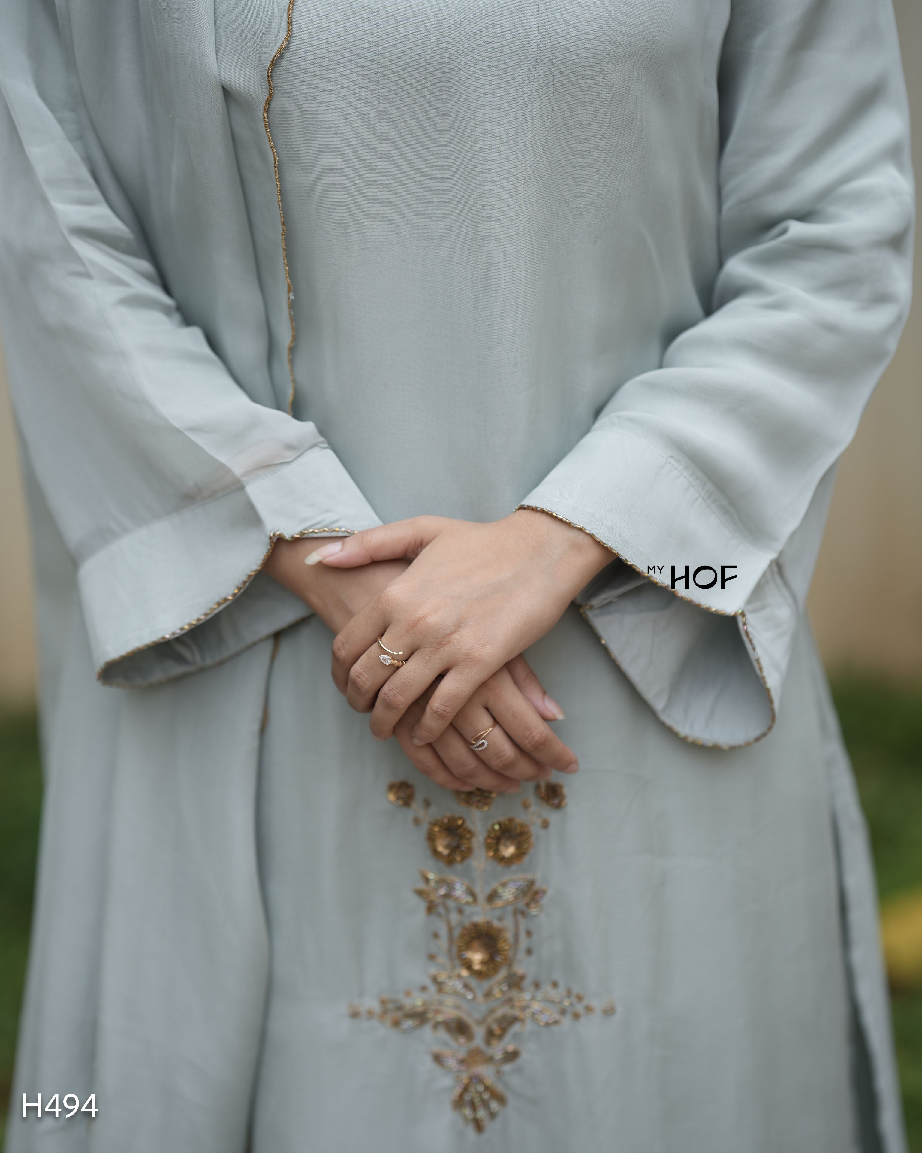 MY HOF Light Gray Suit Set With Hand Embroidery In Organza