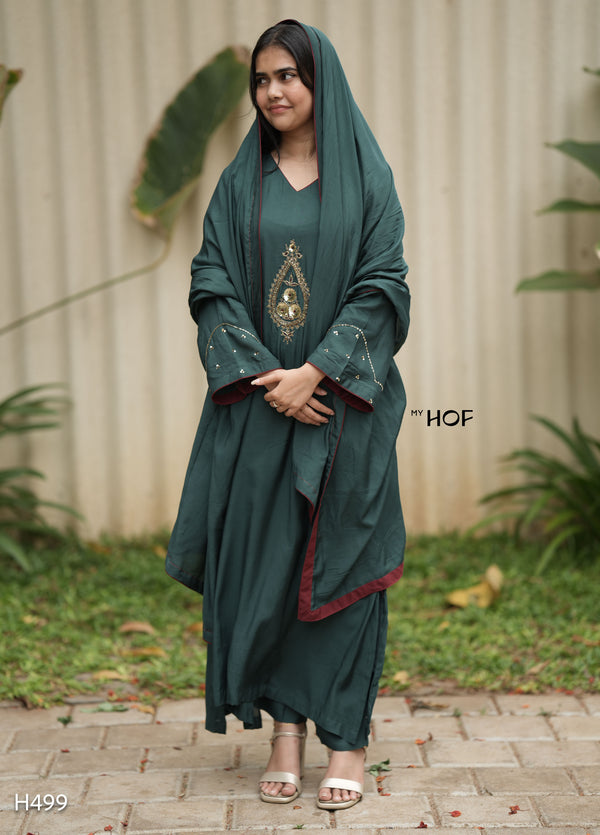 MY HOF Peacock Green Suit Set With Hand Embroidery In Muslin