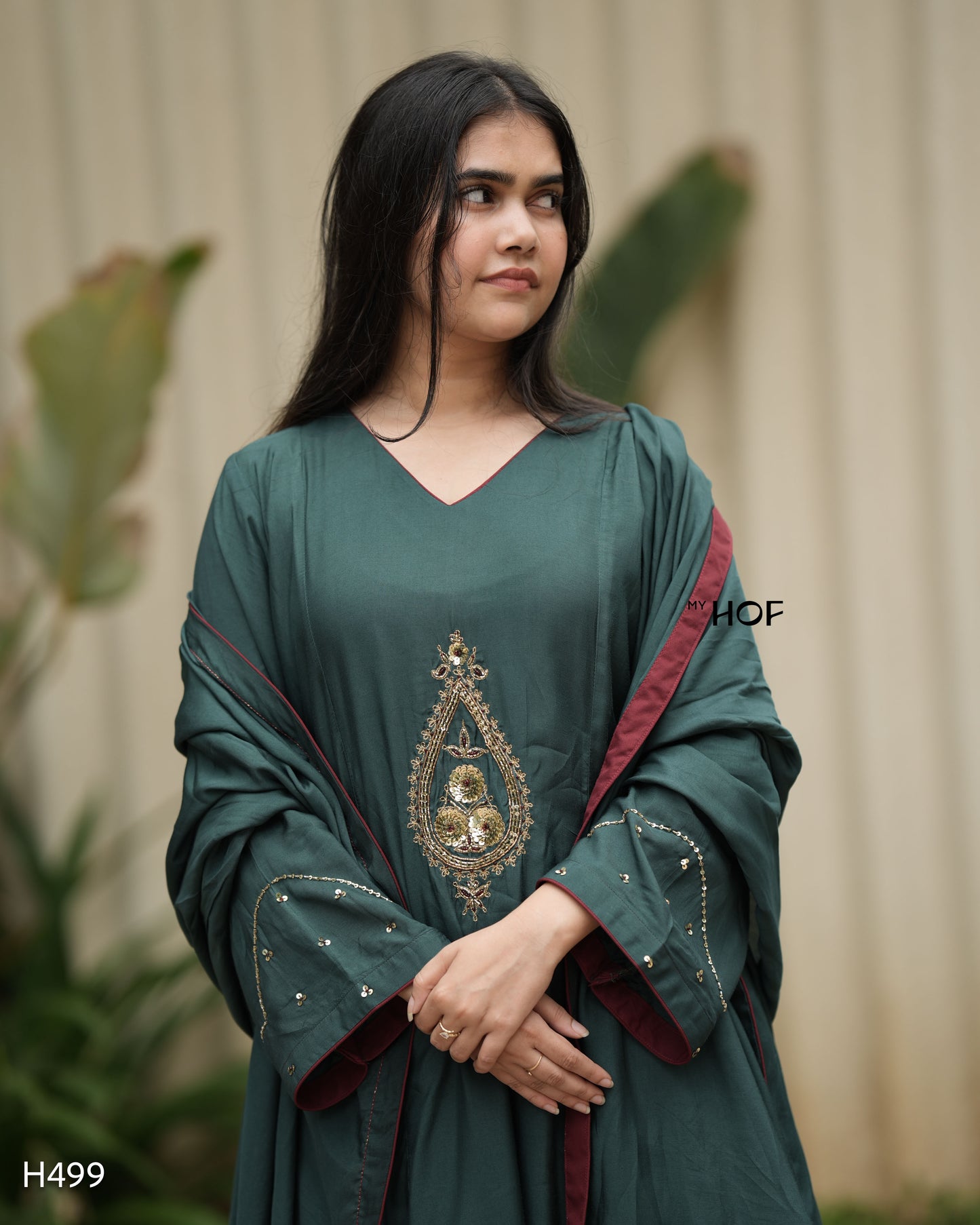MY HOF Peacock Green Suit Set With Hand Embroidery In Muslin