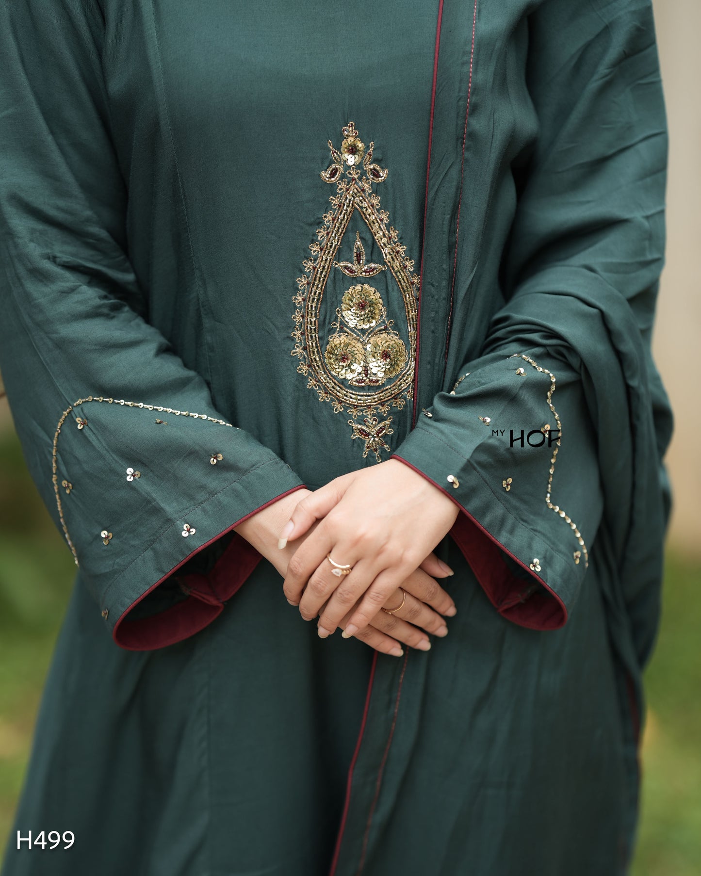 MY HOF Peacock Green Suit Set With Hand Embroidery In Muslin