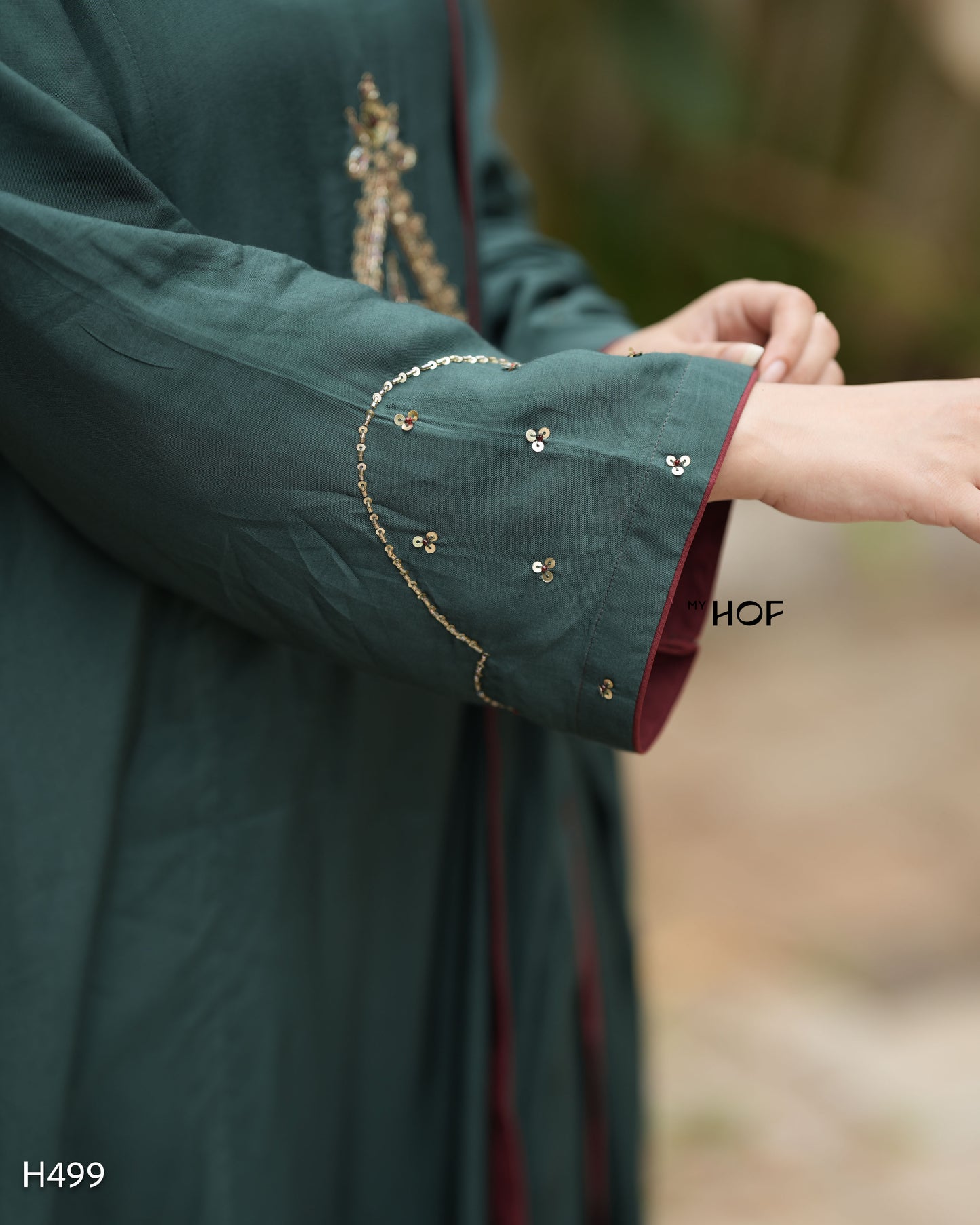 MY HOF Peacock Green Suit Set With Hand Embroidery In Muslin