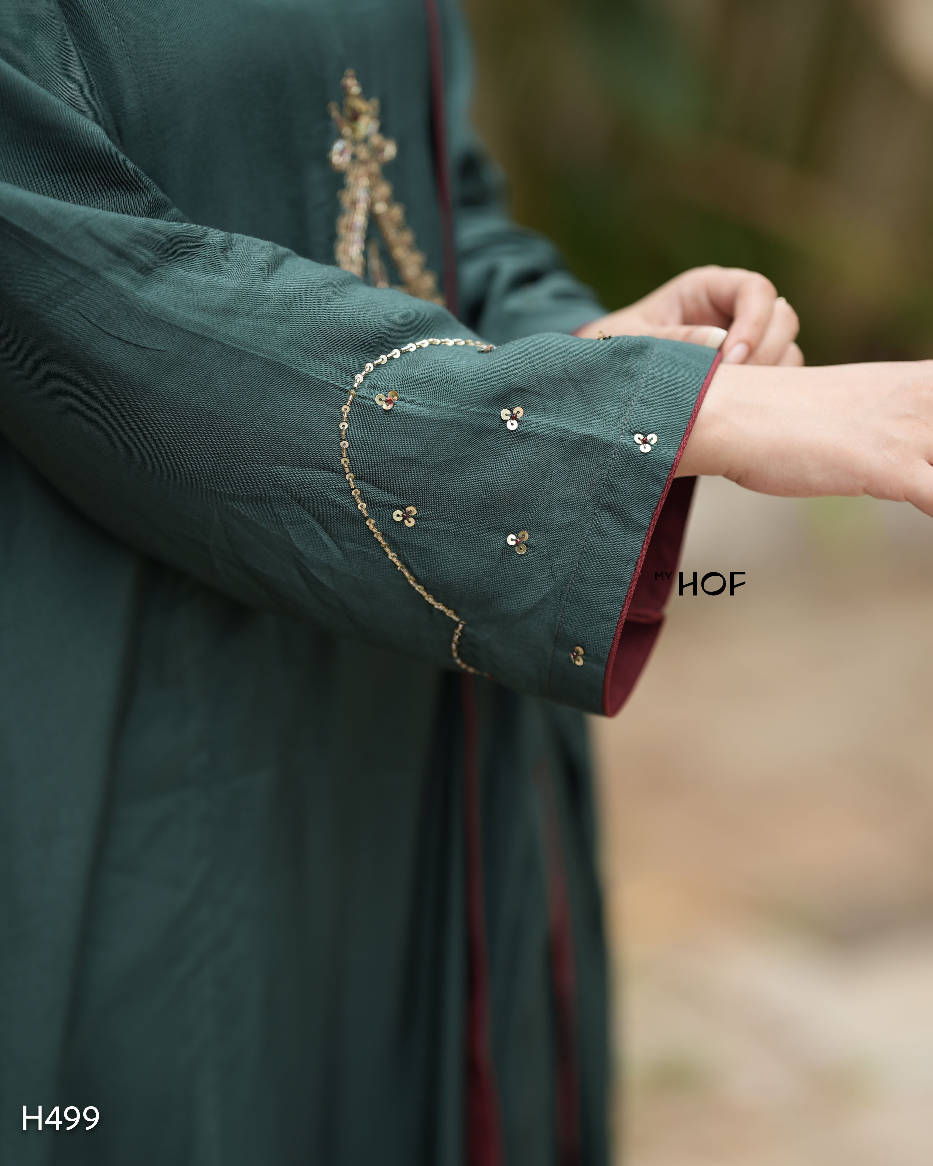MY HOF Peacock Green Suit Set With Hand Embroidery In Muslin
