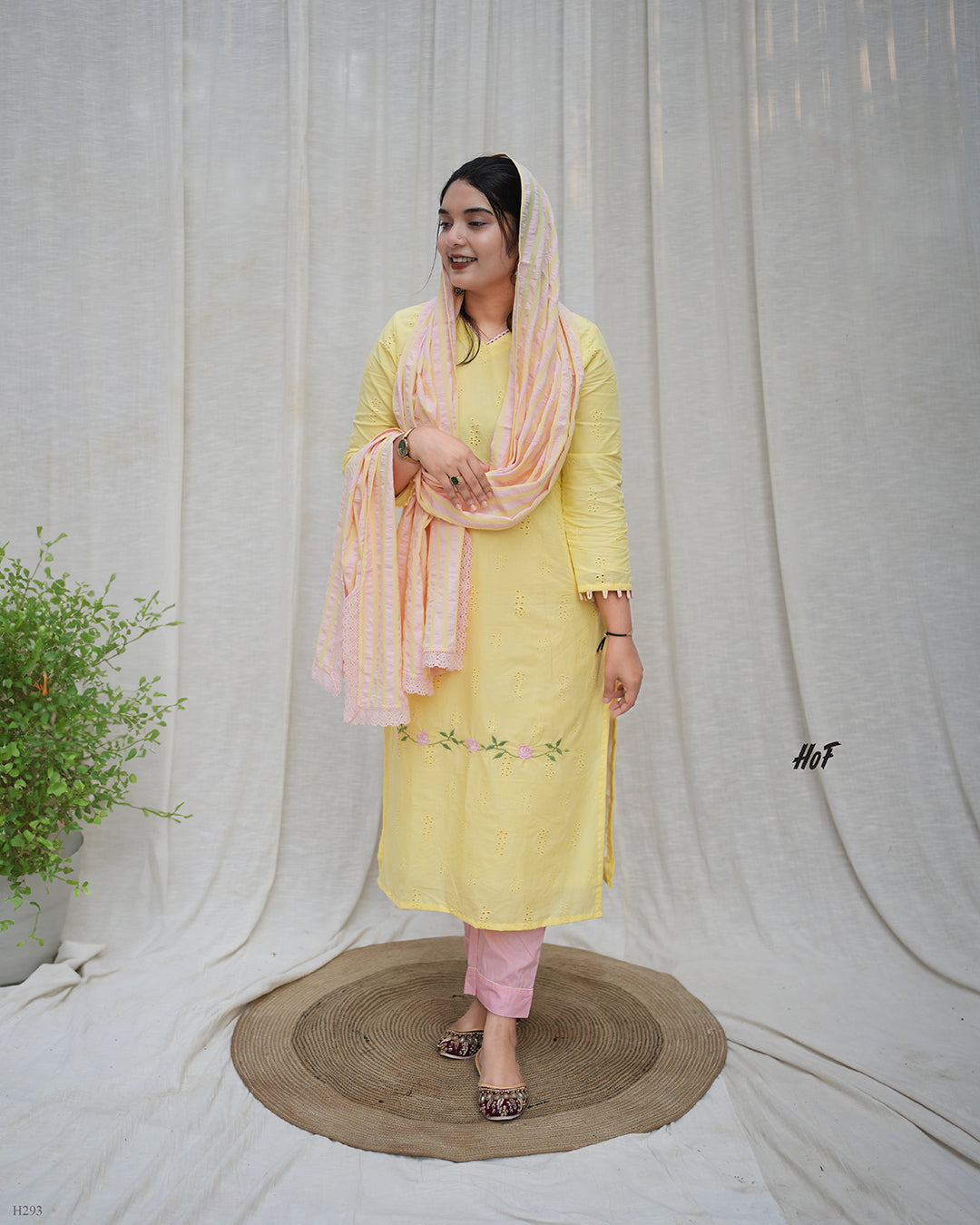 MyHof Yellow Suit Set With Pink Striped Dupatta In Cotton Hakoba