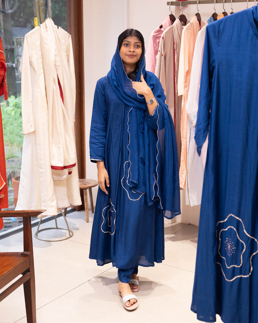 MY HOF Royale Blue Suit Set With Hand Embroidery In Muslin